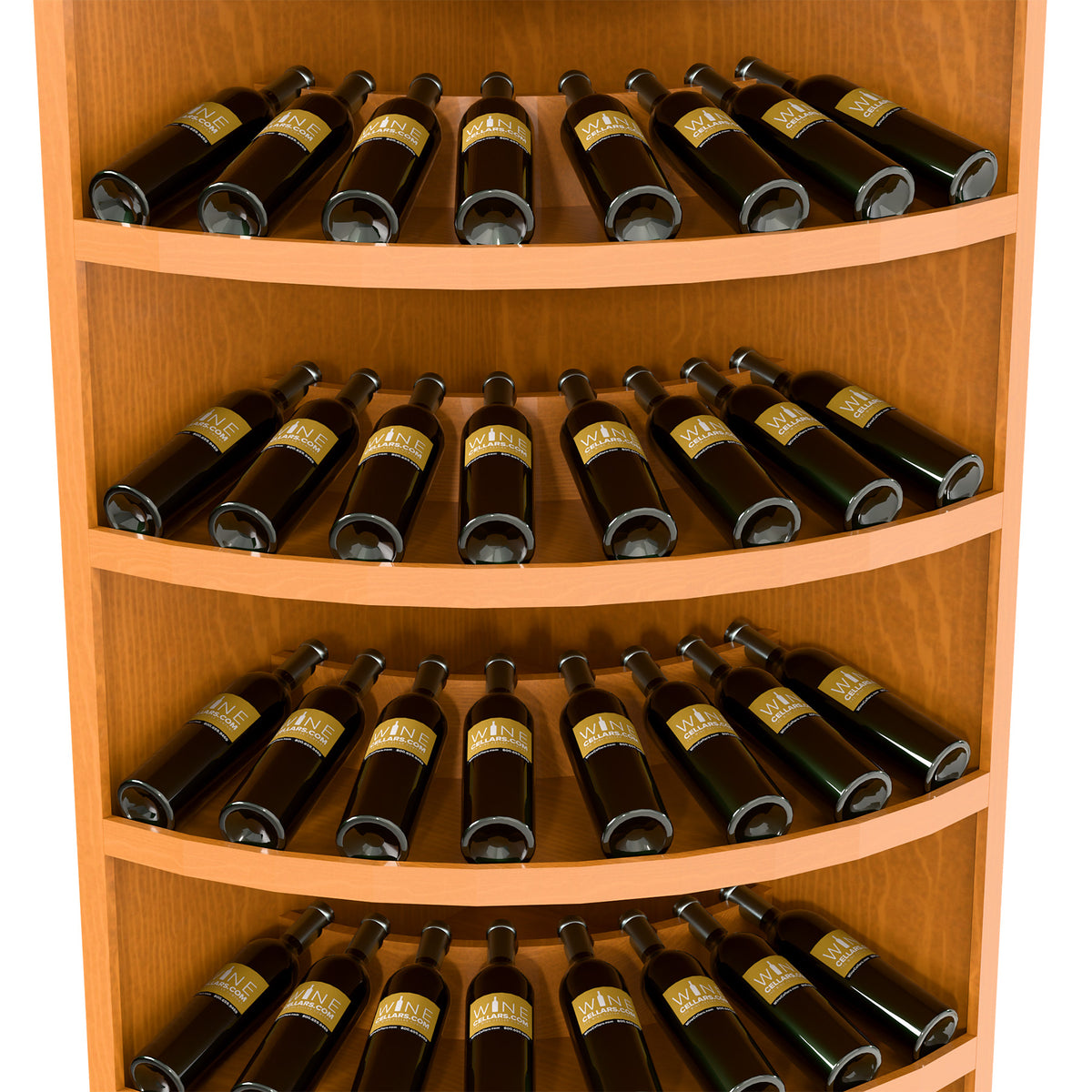 Corner wine bottle display with curved shelves and dark bottles in rows
