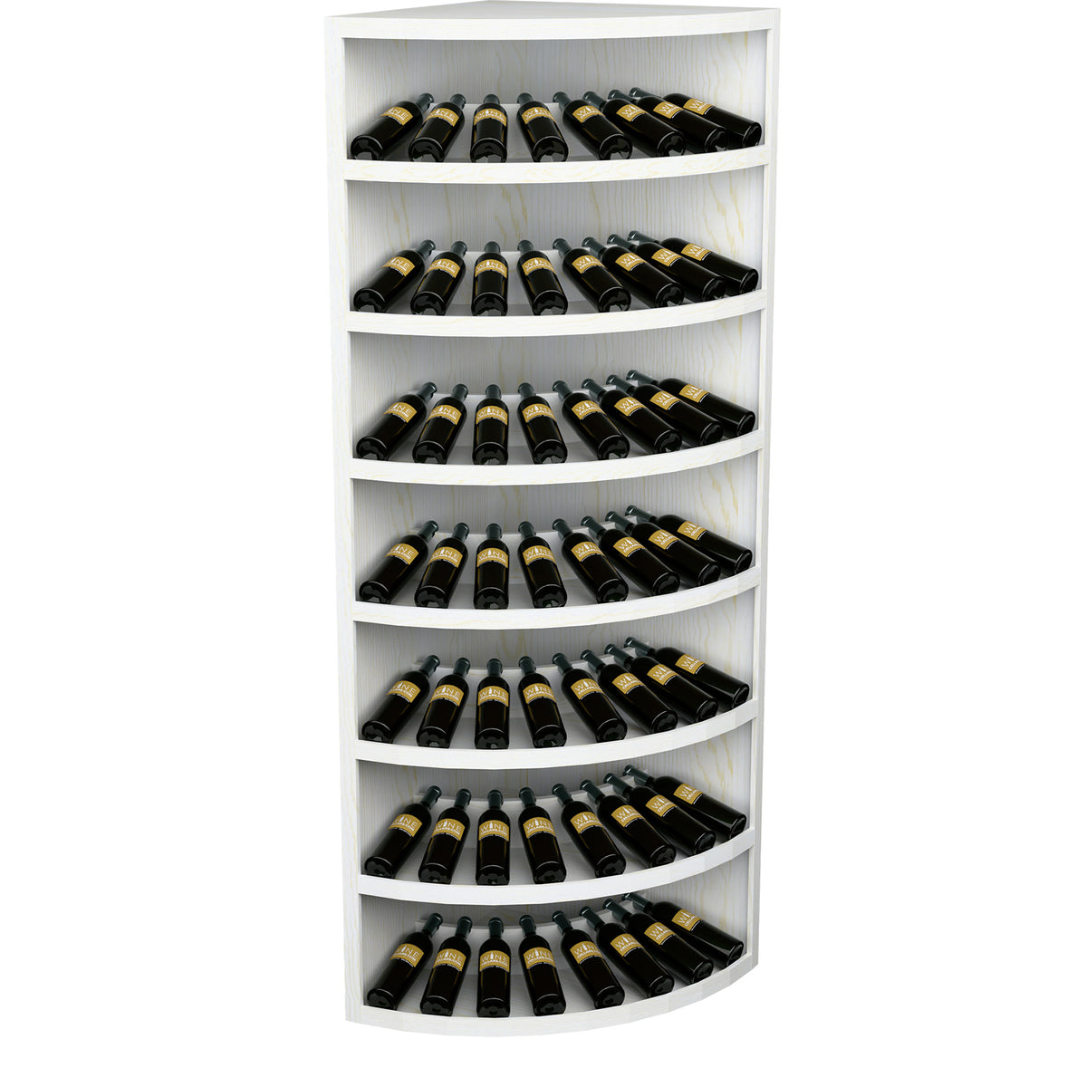 White wood 7-tier wine bottle display cabinet with curved shelves and bottles inside.