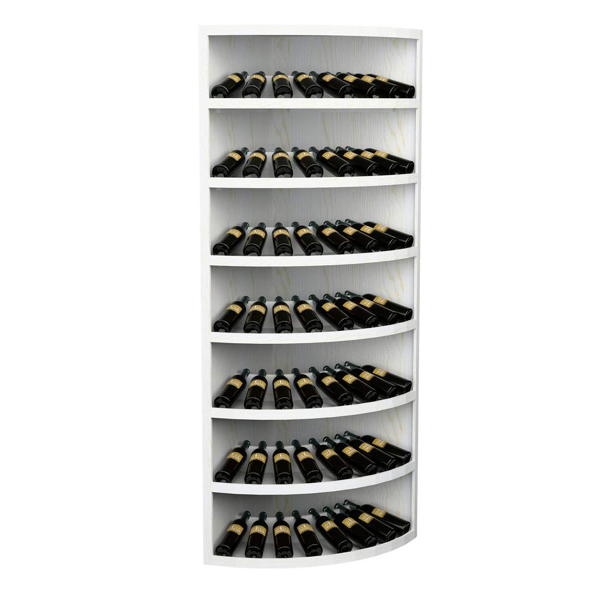 Very light 7-tier corner wine bottle display cabinet with curved bottom shelf.