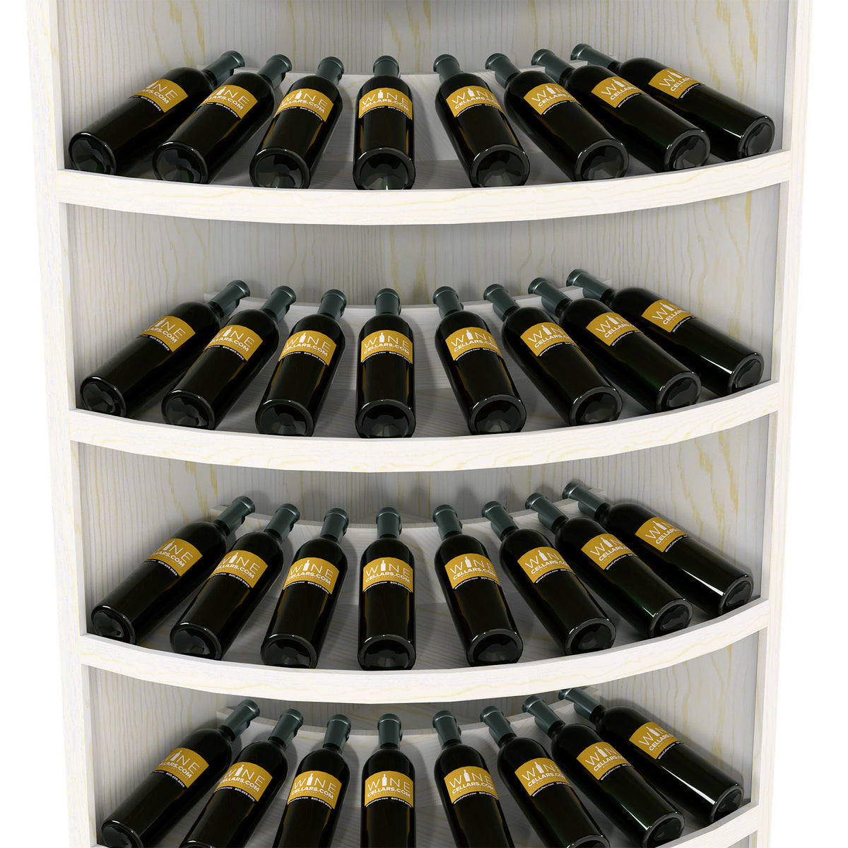 Light wood 7-tier wine display rack with curved shelves and bottles