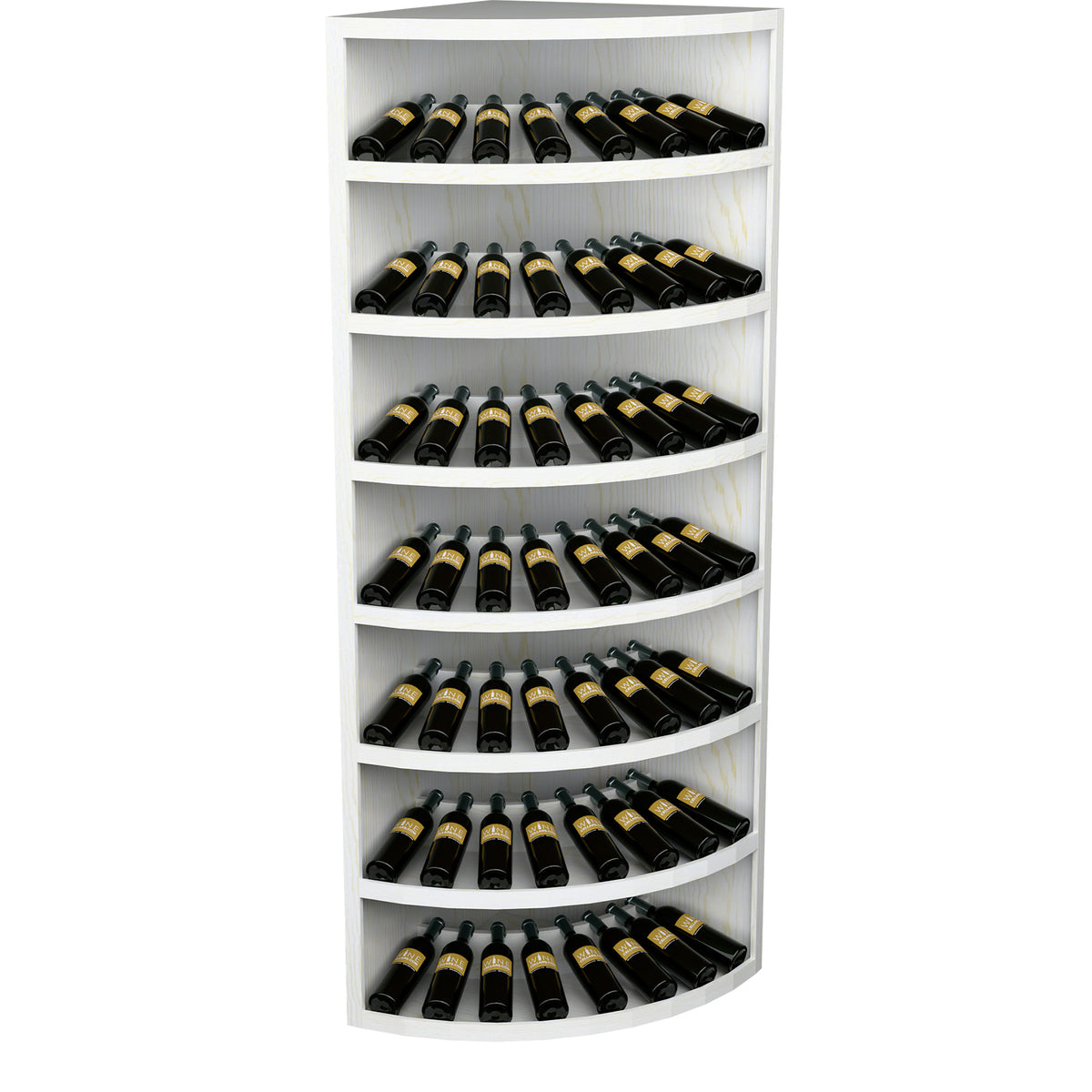 White wine bottle display cabinet with curved shelves and dark bottles