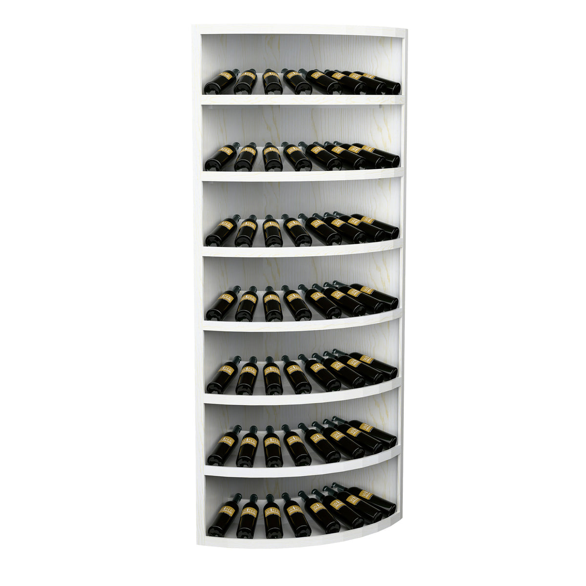 White wine bottle display with curved tiers and neatly arranged bottles