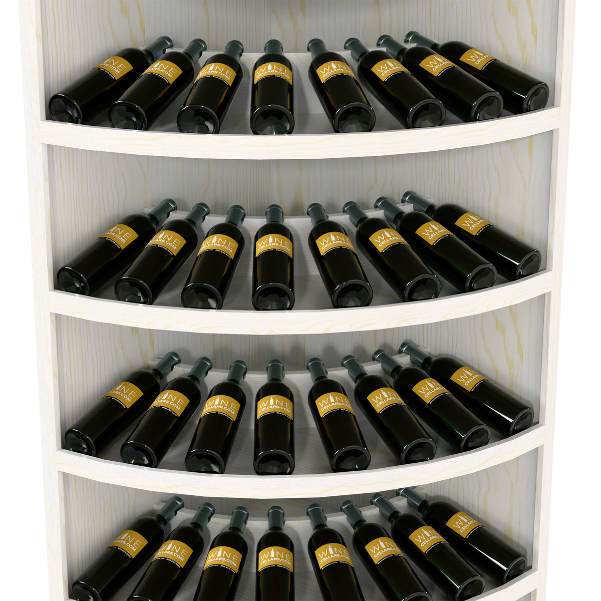 Corner wine bottle display with curved shelves and dark bottles