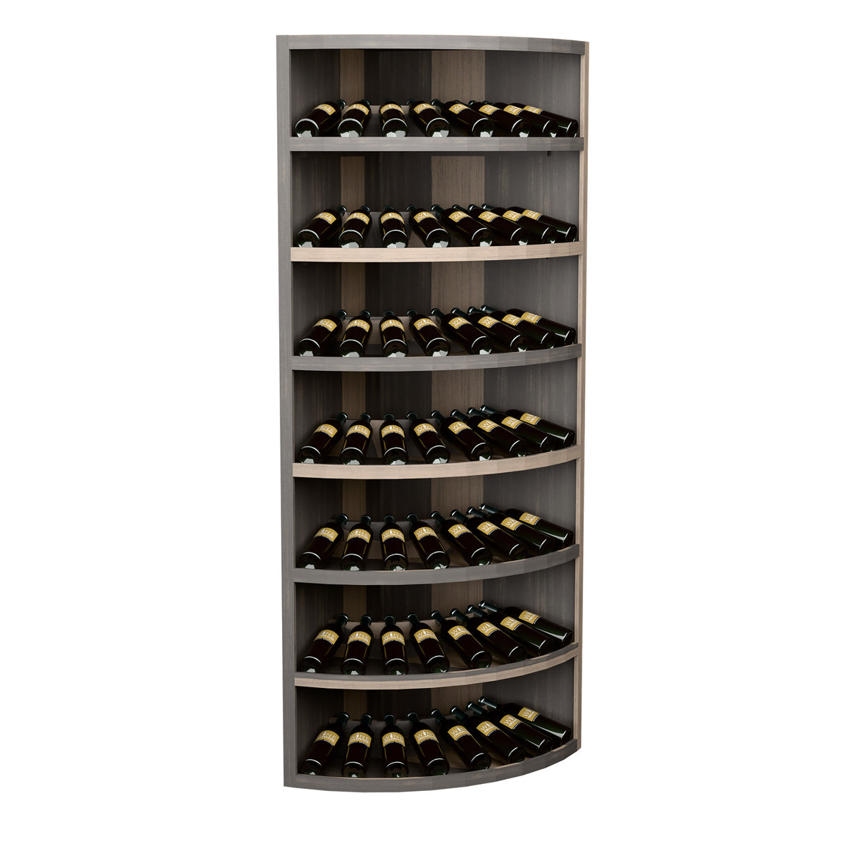 Espresso brown 7-tier corner wine bottle display cabinet with curved bottom shelf.