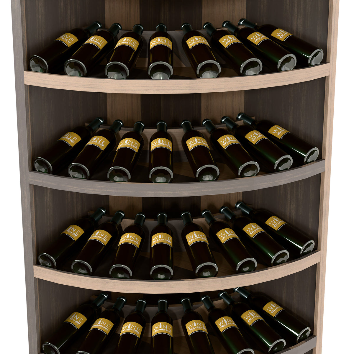 7-tier corner wine bottle display with light wood and curved bottle shelves