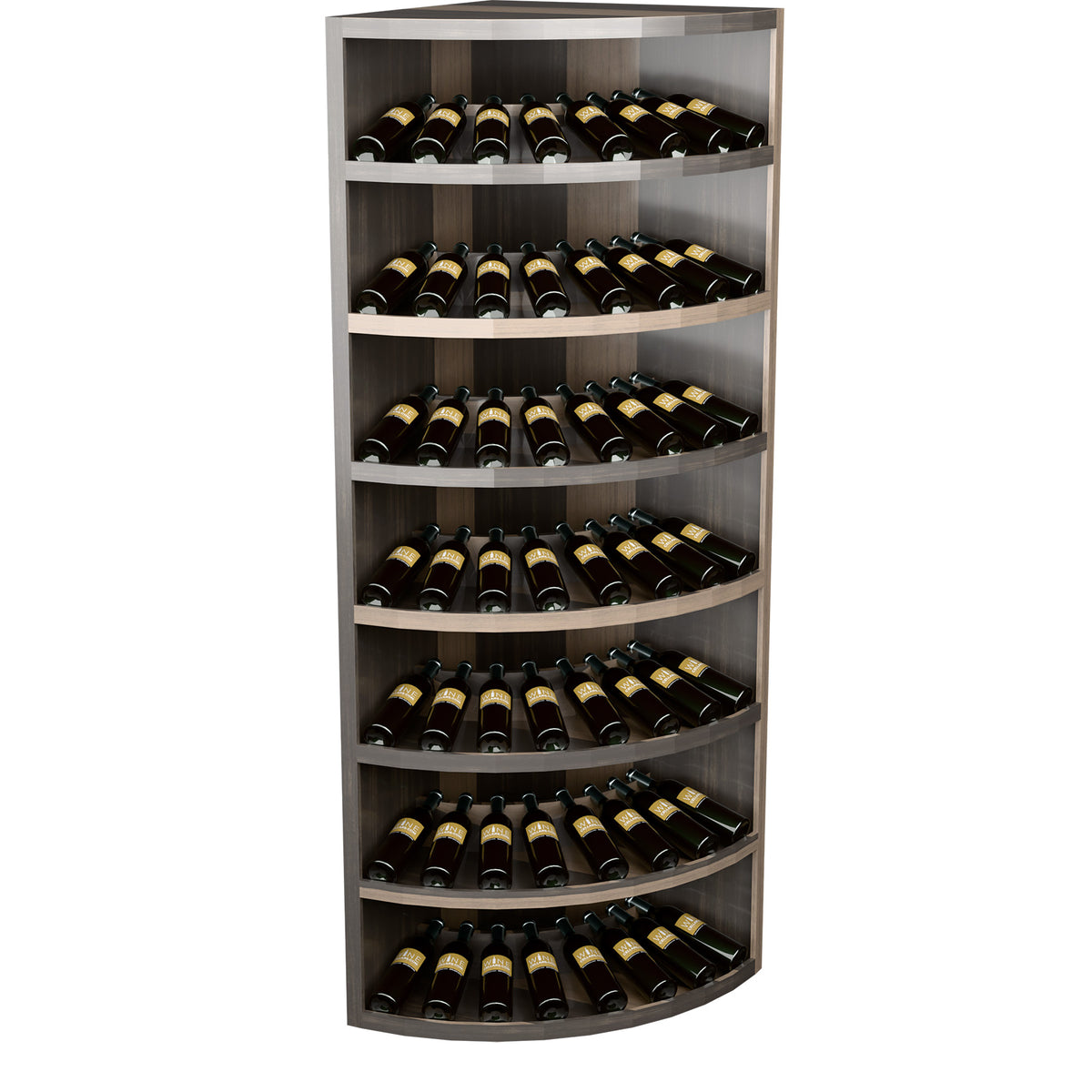 Dark wood 7-tier corner wine bottle display with curved shelves, bottles in rows