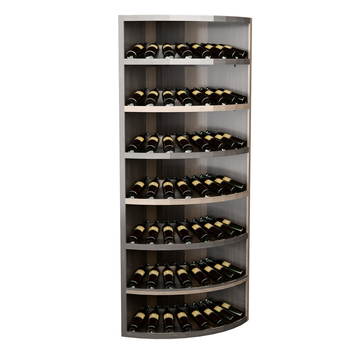 Grey wood 7-tier corner wine bottle display with curved shelves, bottles arranged by level