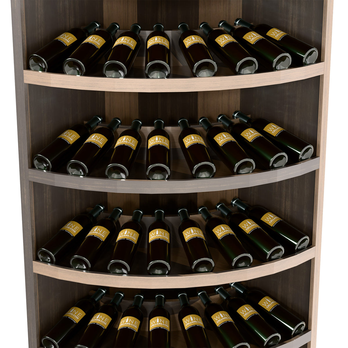 Dark wood 7-tier wine bottle display close-up with curved shelves and labeled bottles