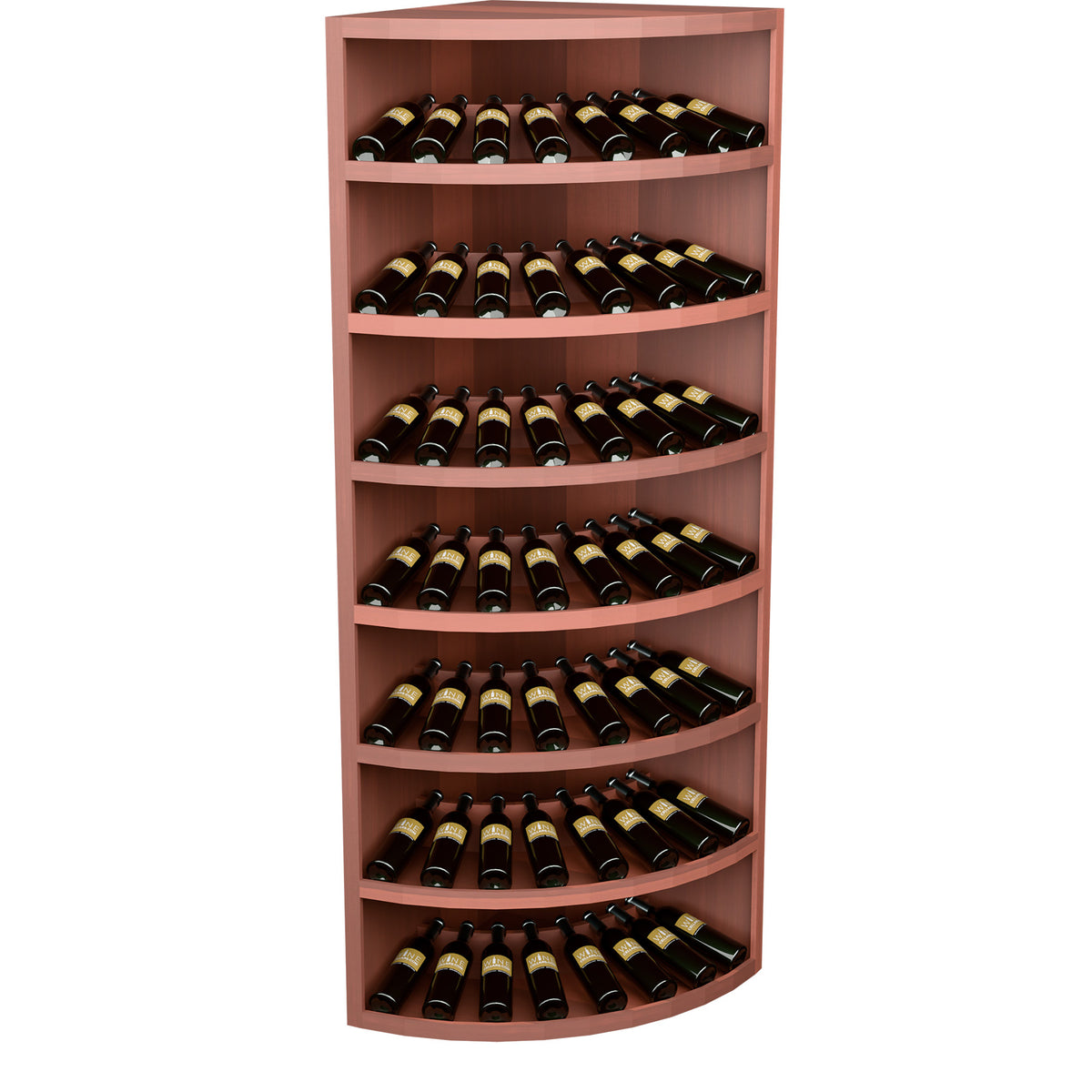 Pinkish wood 7-tier wine bottle display cabinet with curved shelves and bottles inside.
