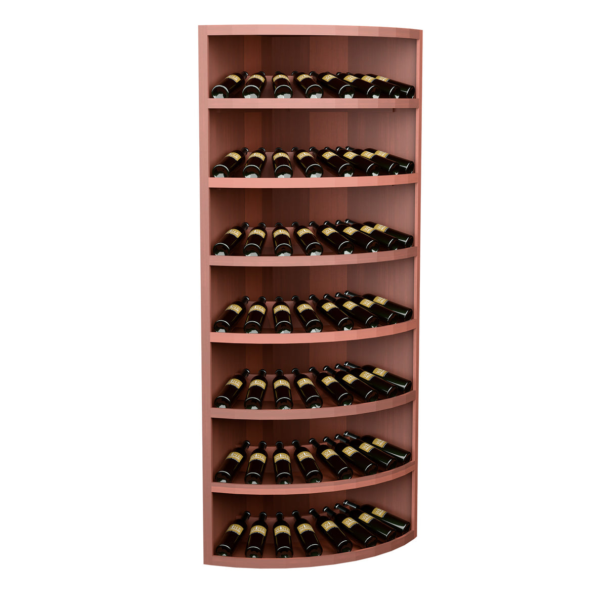 Warm brown 7-tier corner wine bottle display cabinet with curved bottom shelf.