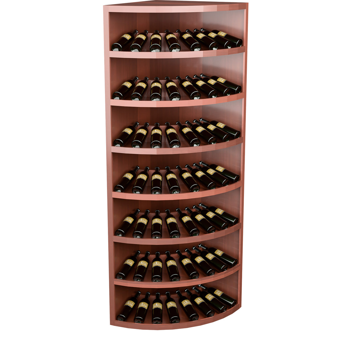 Red-toned wood 7-tier corner wine bottle display with curved shelves and filled rows