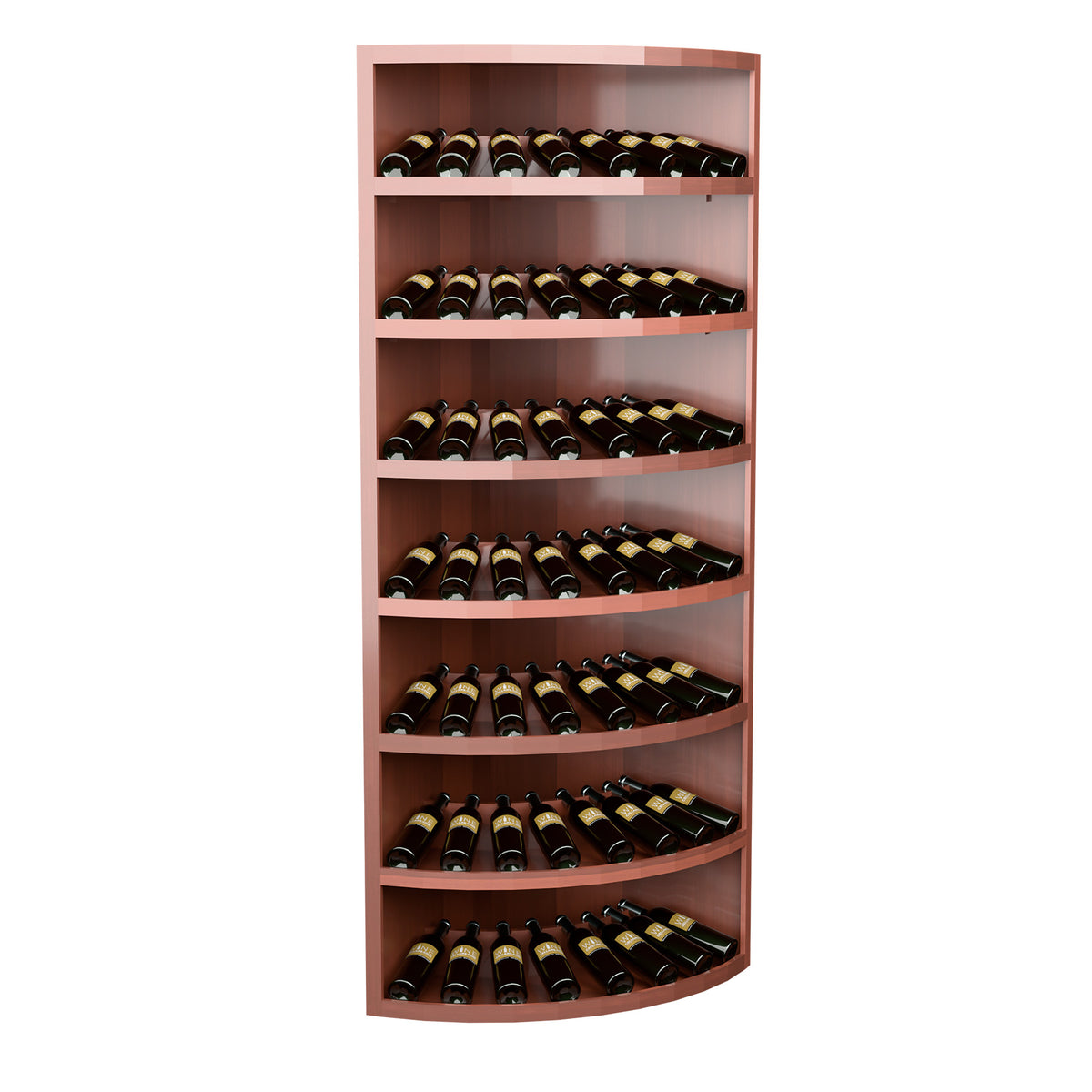 Light red wood 7-tier corner wine bottle display with curved shelves, bottles on each tier