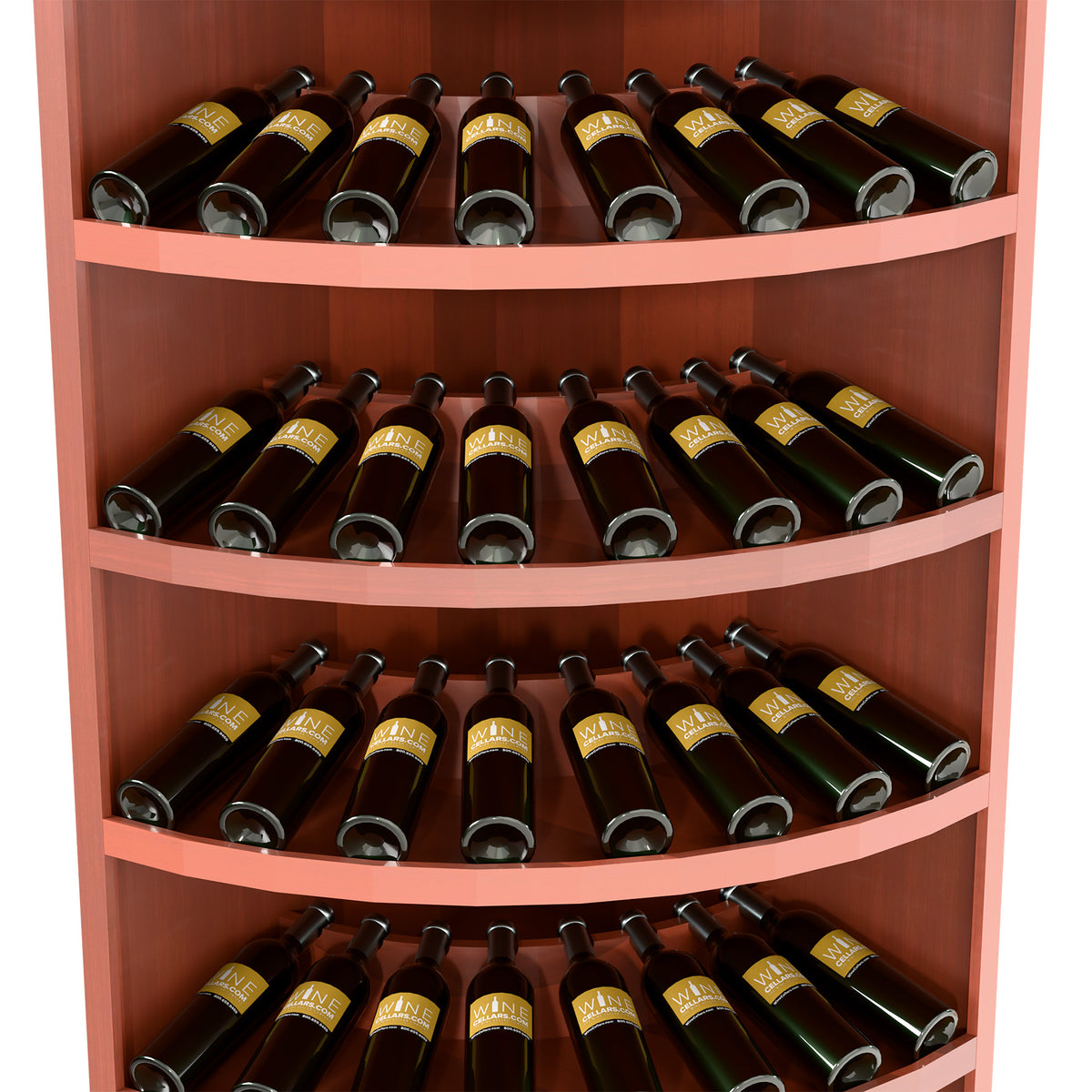 Red-toned wood 7-tier wine bottle display close-up with curved shelves and bottle necks