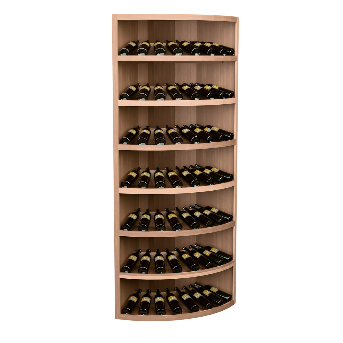 Natural wood 7-tier corner wine bottle display cabinet with curved bottom shelf.