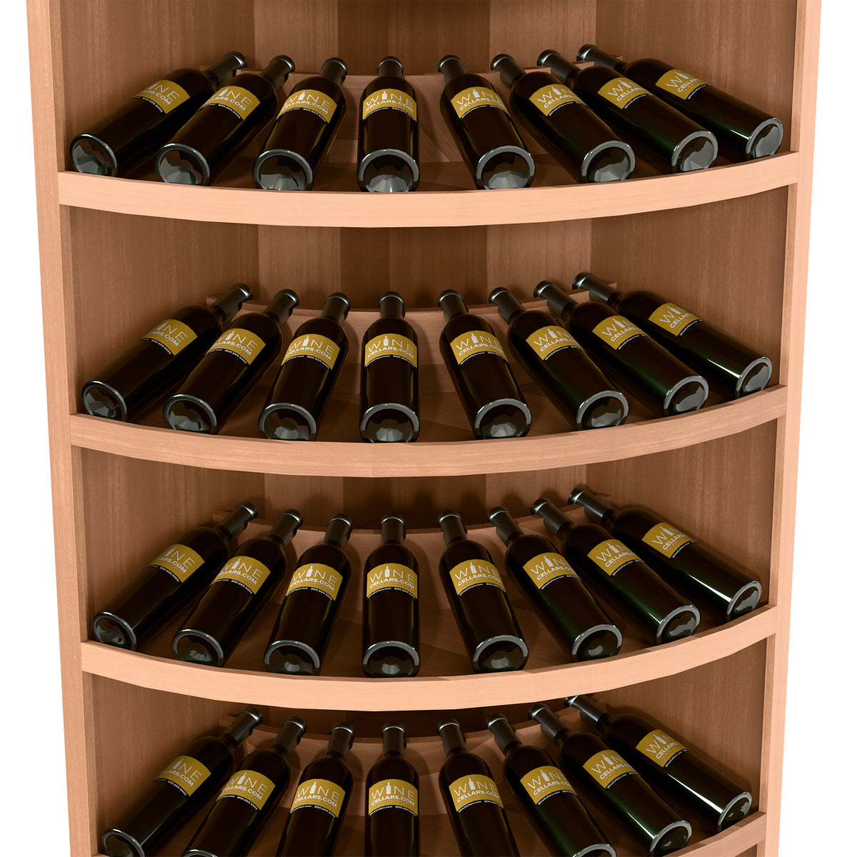 7-tier solid wood corner wine bottle display rack, 56 bottles, curved shelves, natural wood tone