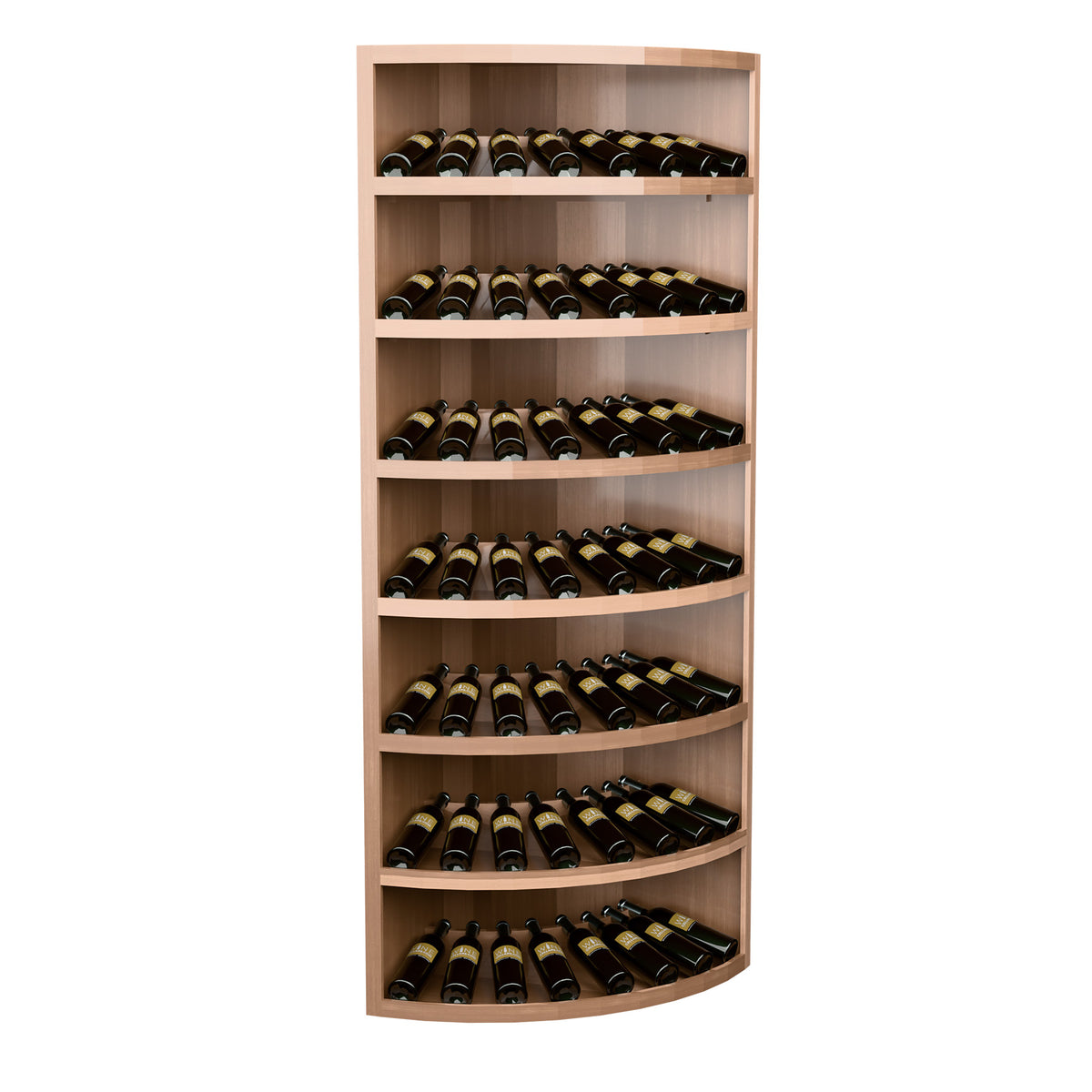 Light wood 7-tier corner wine bottle display with curved shelves and neatly stored bottles