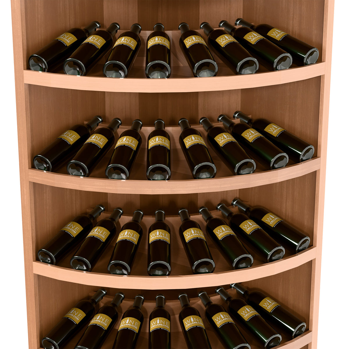 Warm light wood 7-tier corner wine bottle display with curved shelves, bottles in tiers