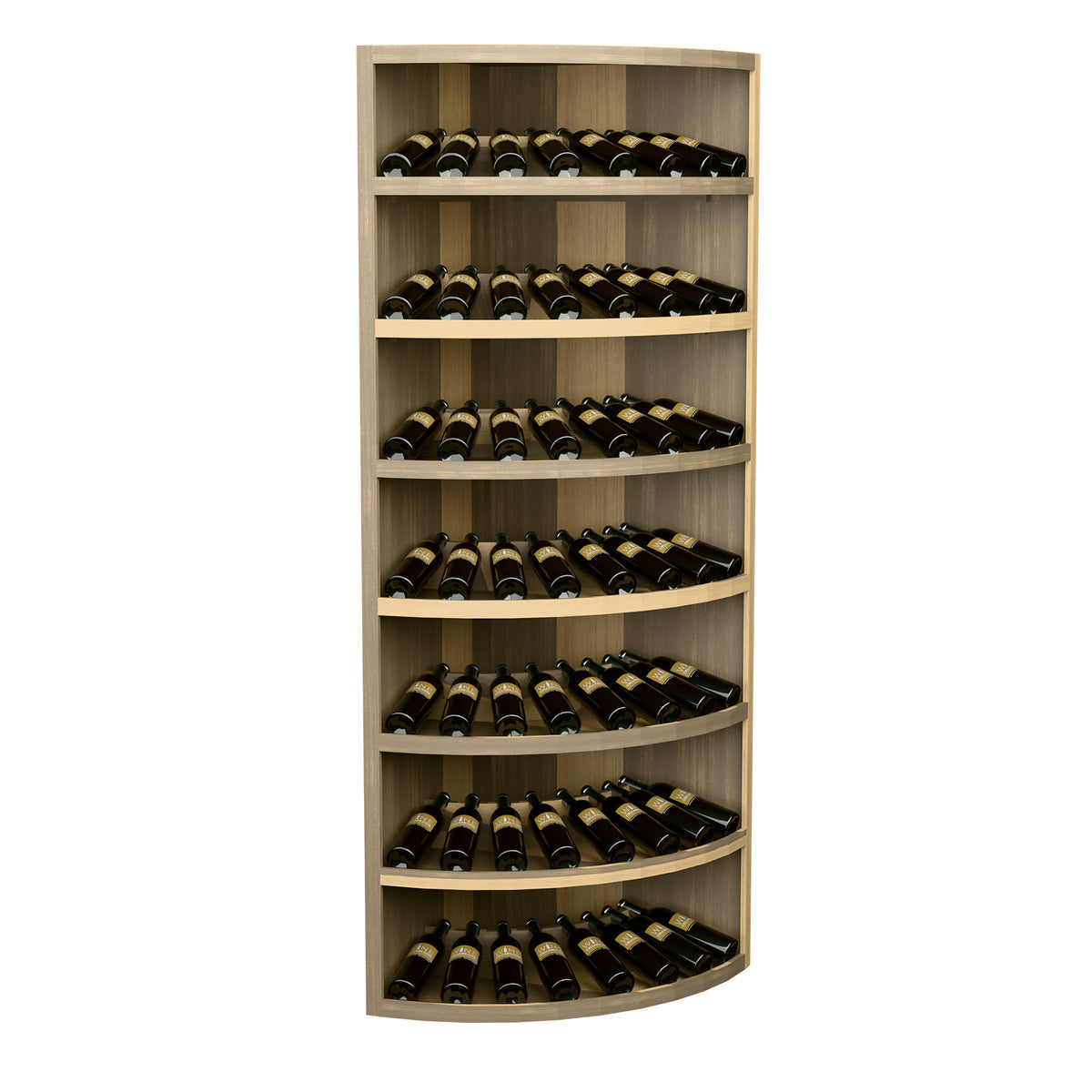 Solid wood wine bottle display cabinet, 7-tier arched shelves, light natural finish, front view
