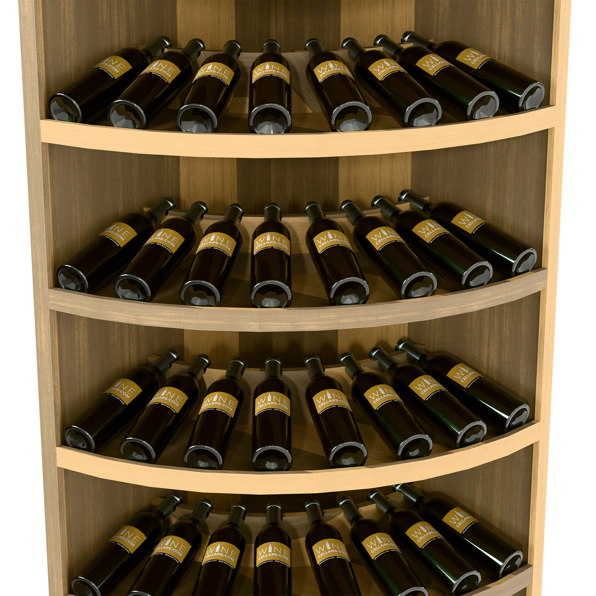 Tiered wine bottle display cabinet with curved shelves, dark bottles, pale wood finish.