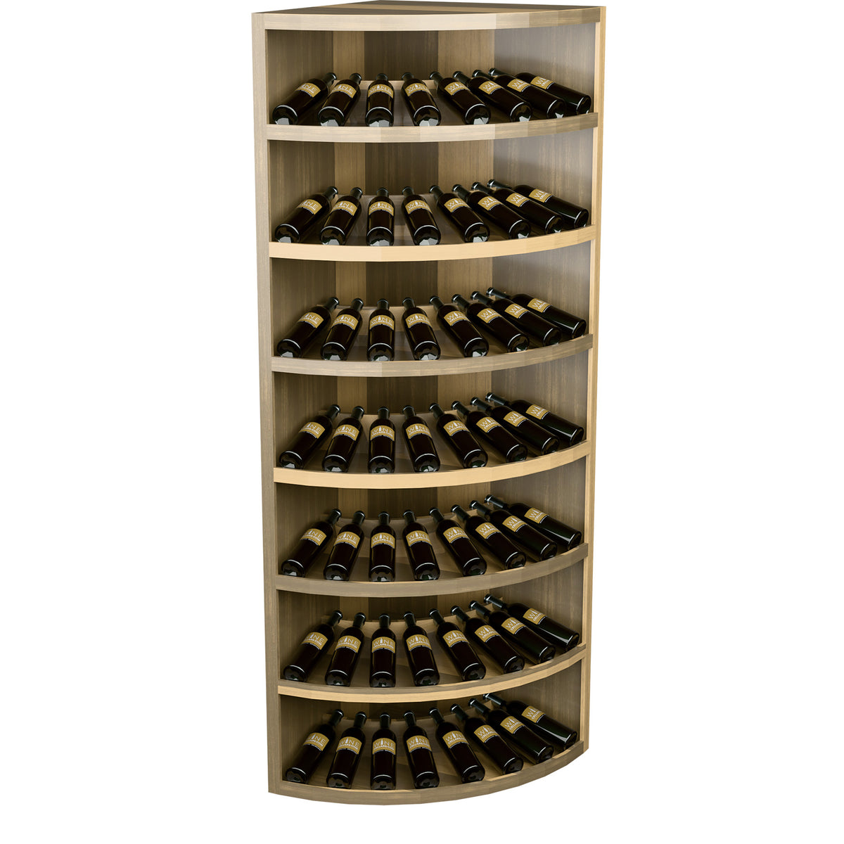 Light wood 7-tier corner wine bottle display with curved shelves, bottles on each level