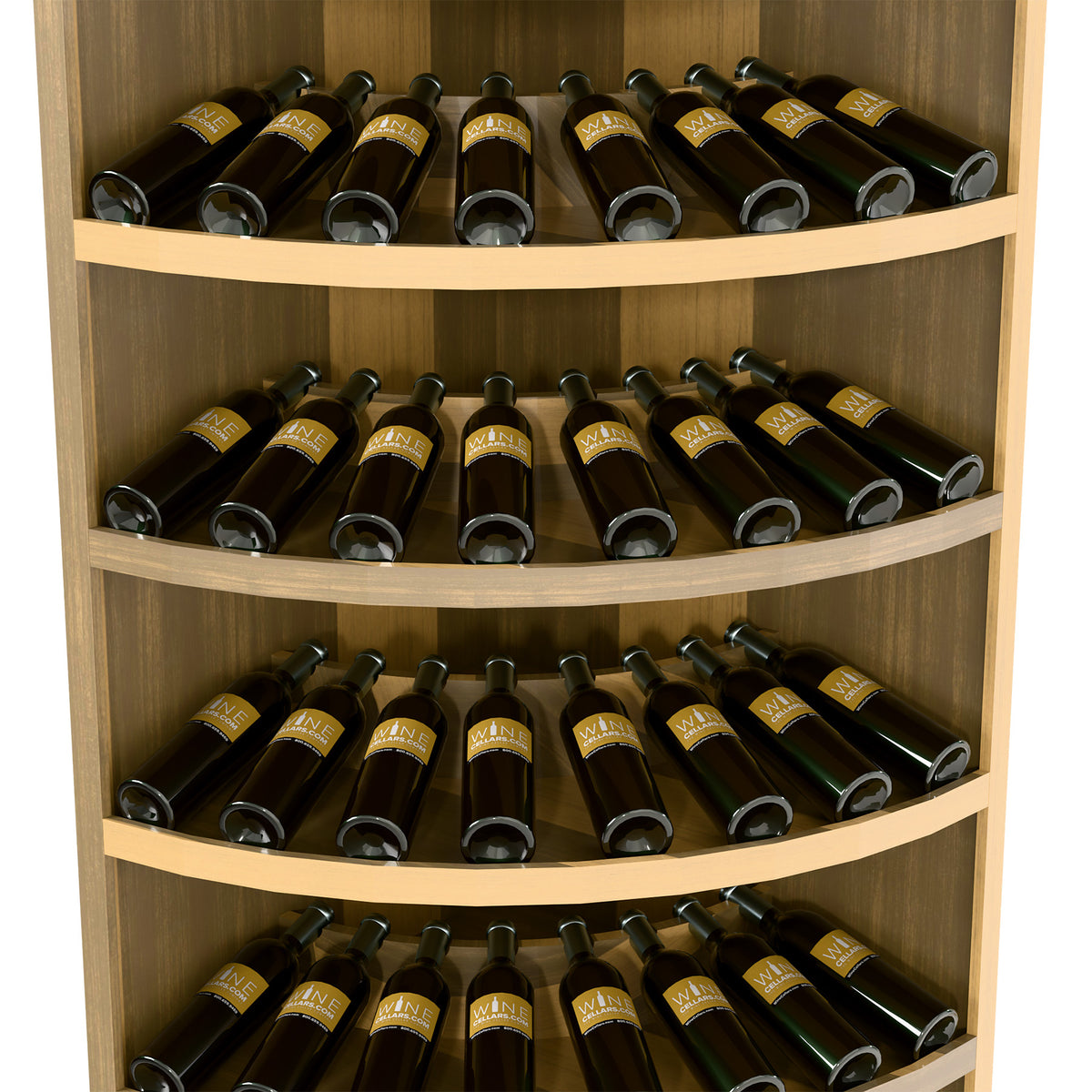 Light wood 7-tier corner wine display rack, curved compartments with wine bottles
