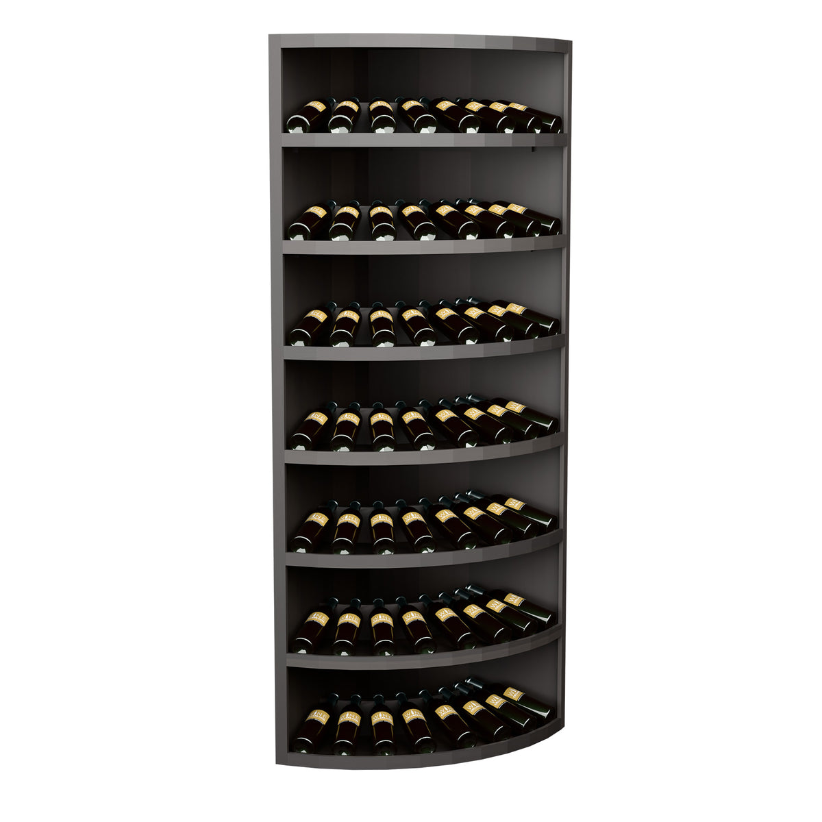 7-tier corner wine bottle display with dark shelves holding bottles