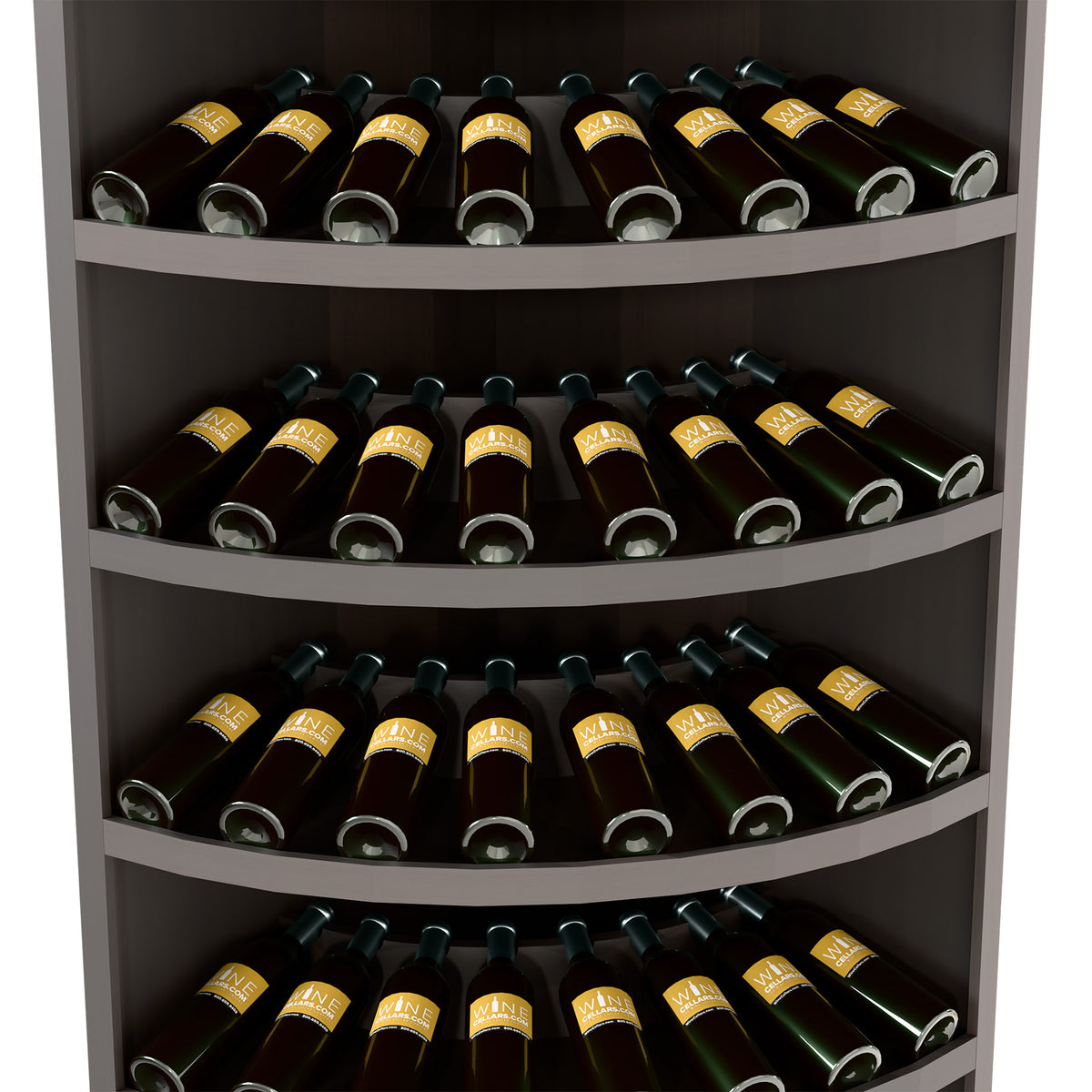 Dark wood 7-tier wine rack with curved shelves holding bottles