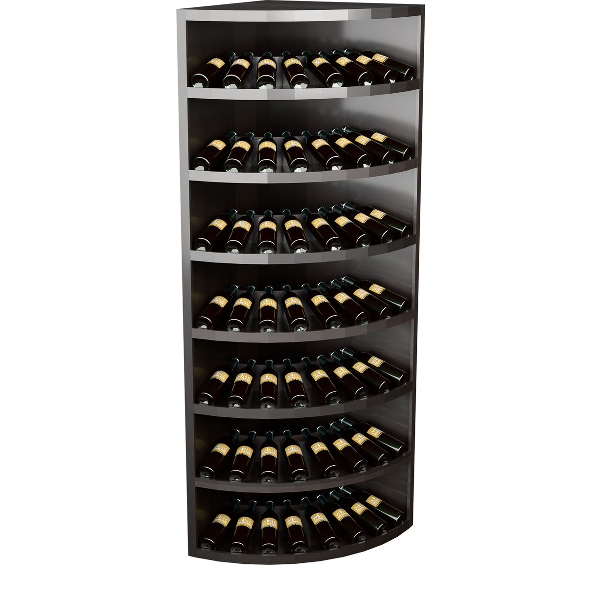 7-tier solid wood corner wine display rack with curved shelves, dark finish, wine bottles