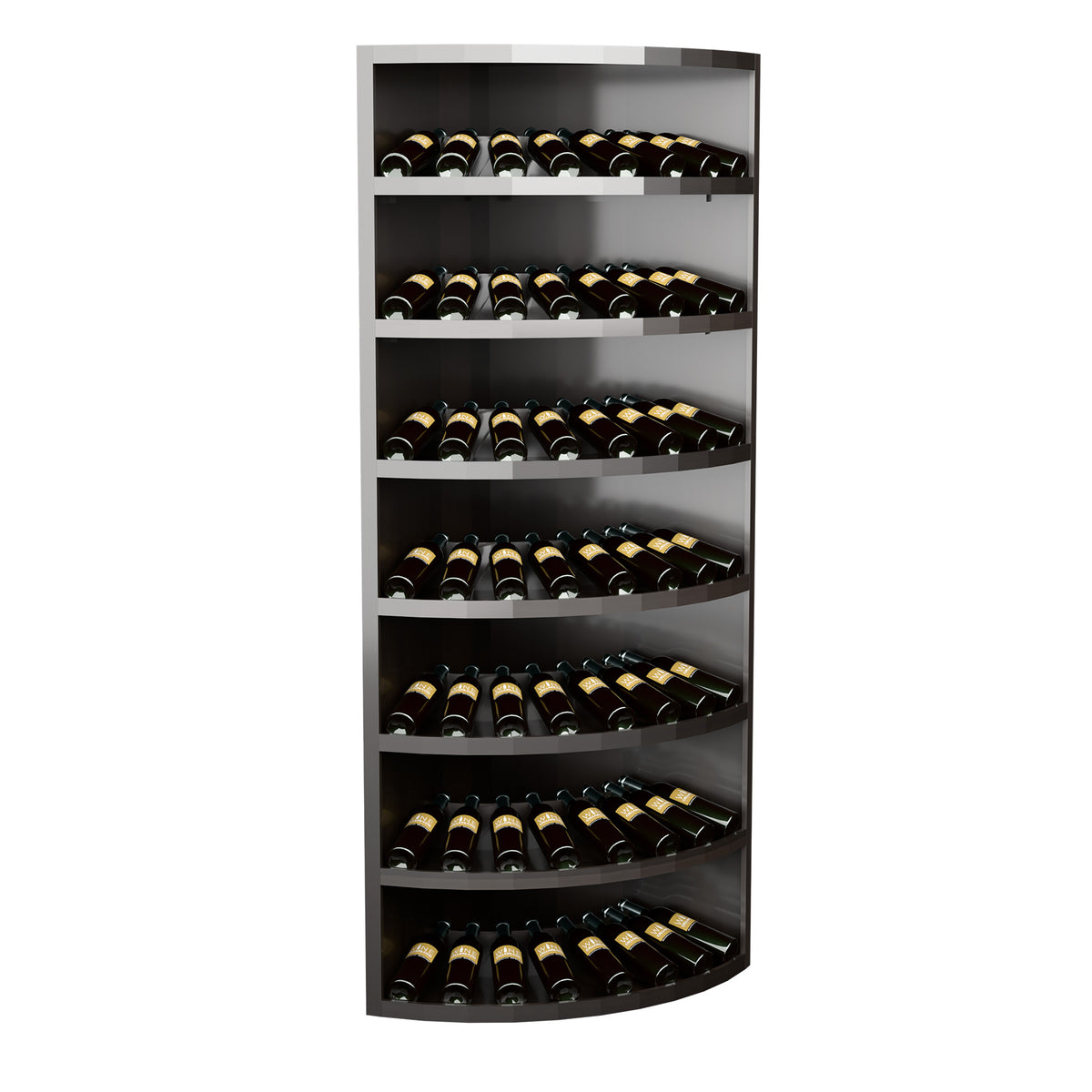 Dark-finished 7-tier solid wood corner wine display rack with curved bottle shelves