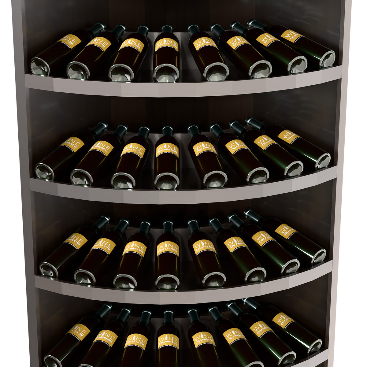Close-up of dark 7-tier corner wine display rack with curved shelves and bottles