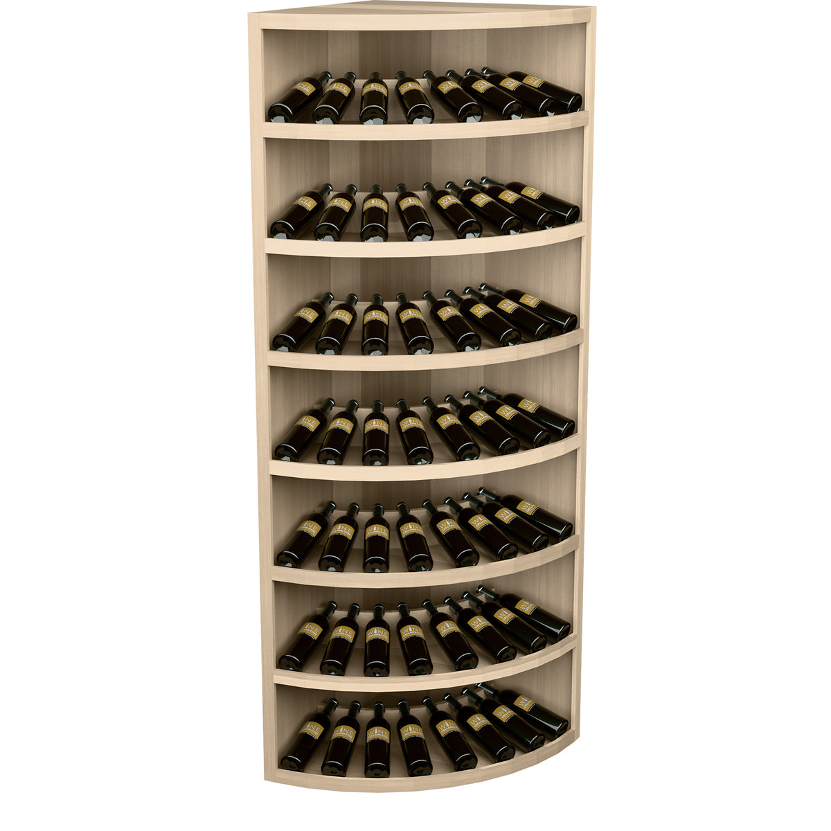 7-tier solid wood corner wine bottle display rack, 56 bottles, curved shelves, light wood frame