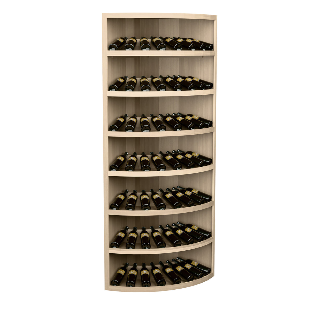 7-tier corner wine bottle display with light wood curved shelves