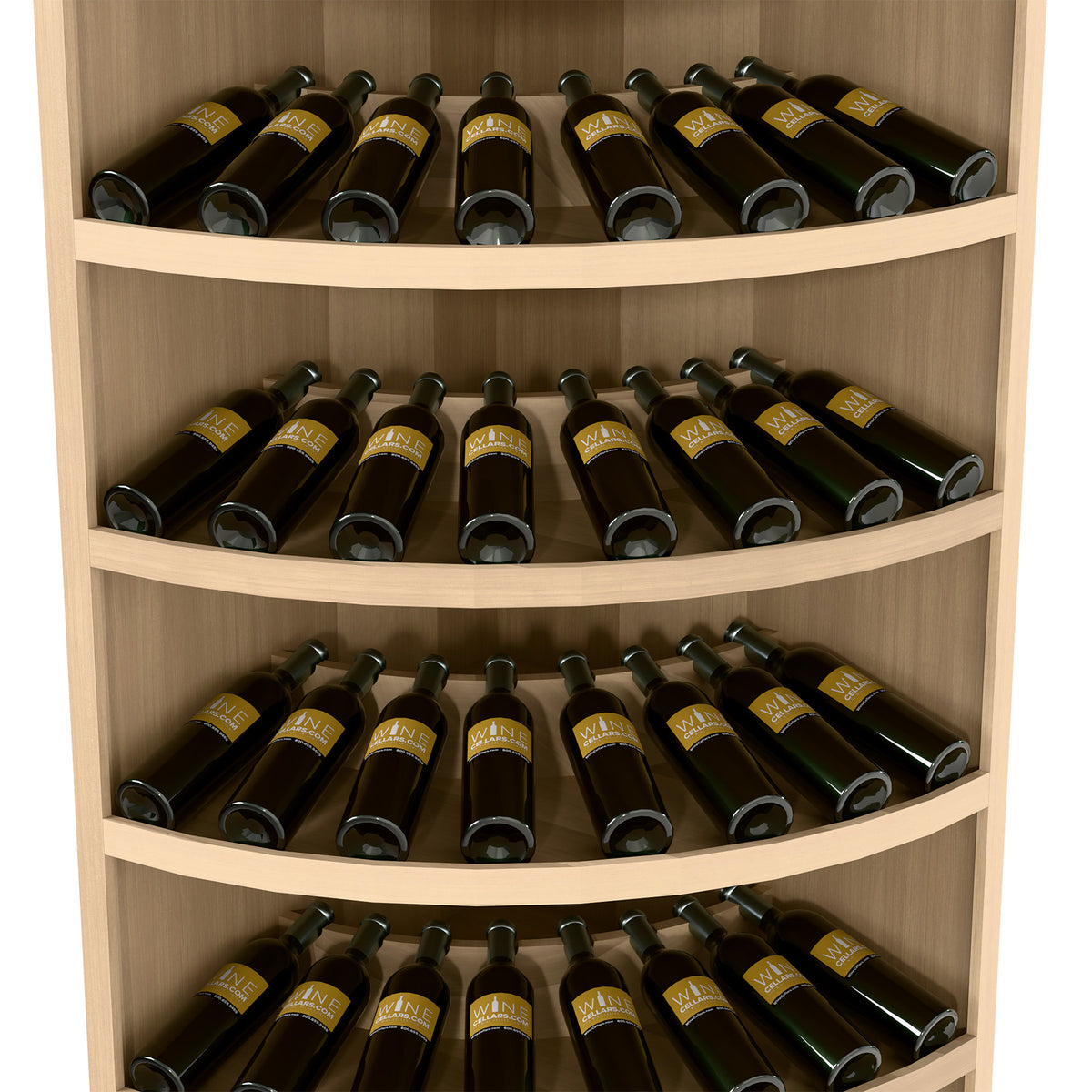 Tiered wine bottle display cabinet with curved shelves, dark bottles, light wood finish.