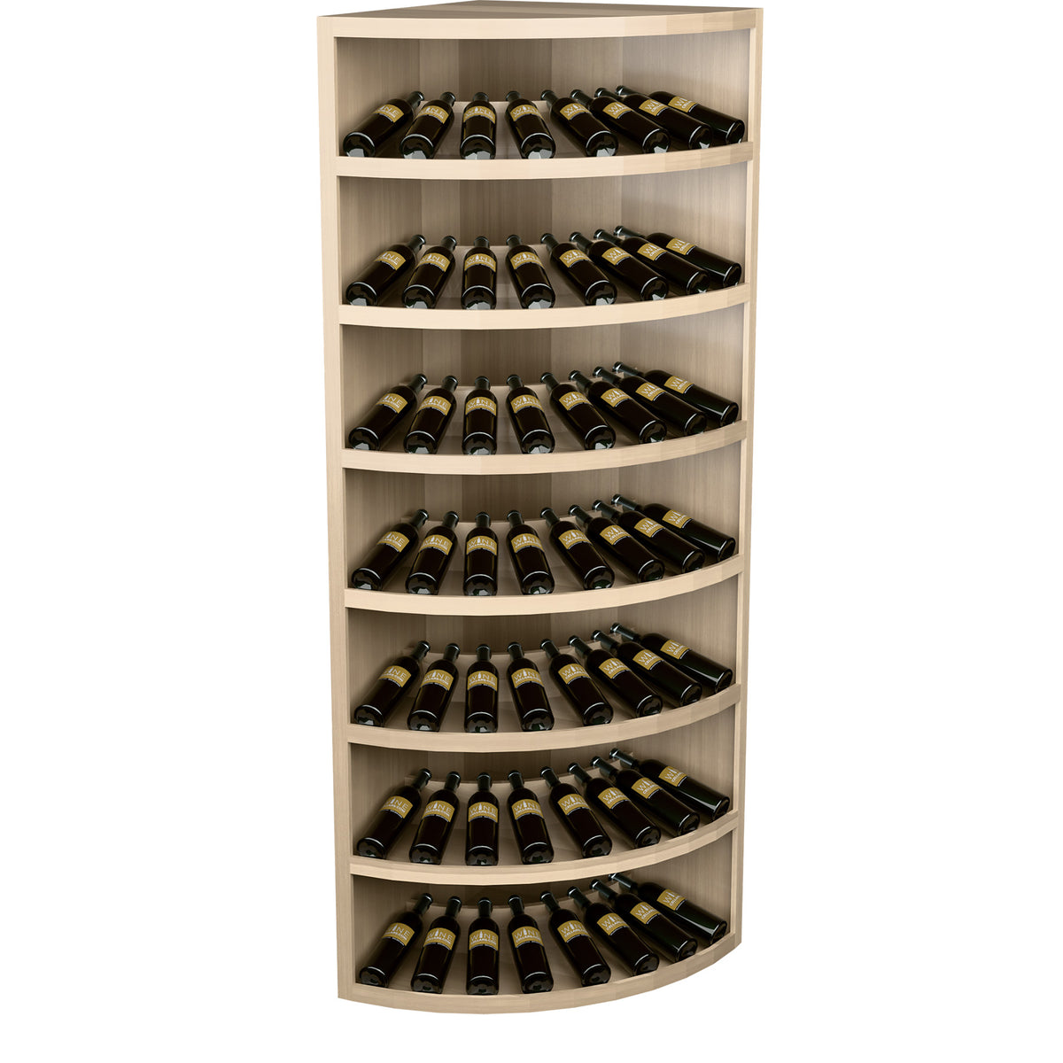 Light wood 7-tier corner wine display rack with curved base and stacked wine bottles