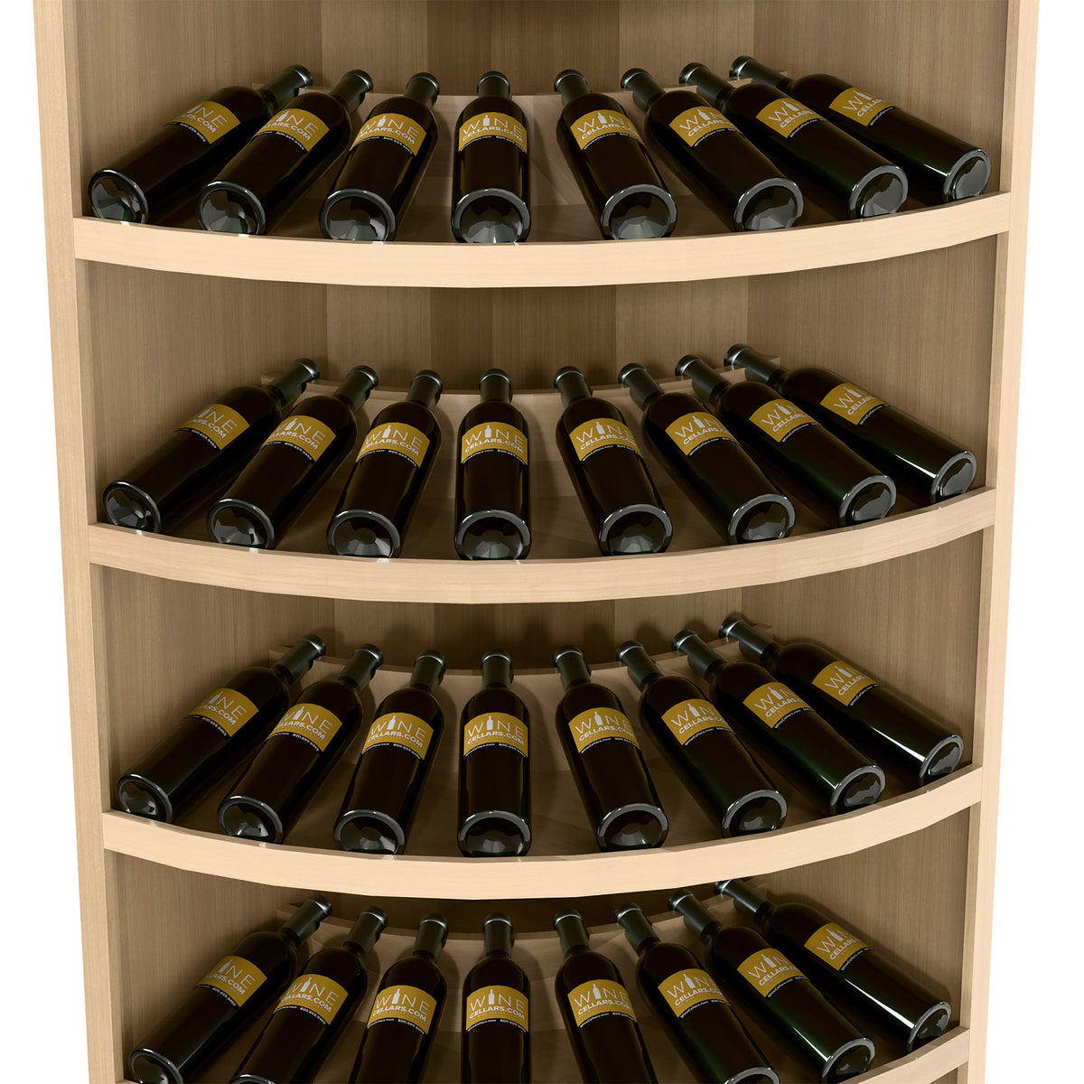 Light wood 7-tier corner wine display rack, curved compartments with wine bottles
