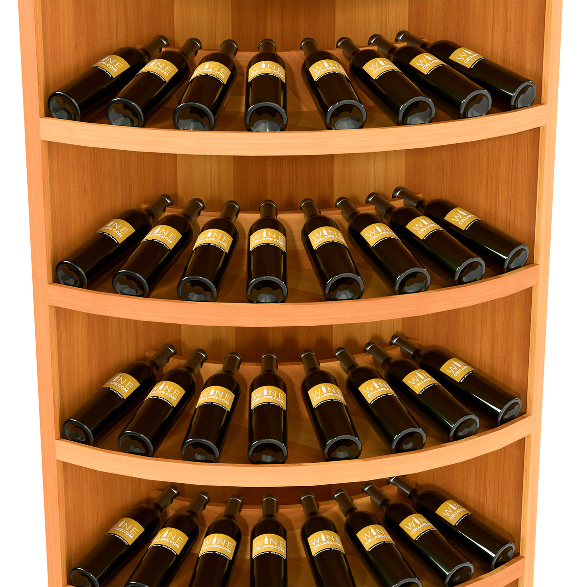 Tiered wine bottle display cabinet with curved shelves, dark bottles, amber wood stain.