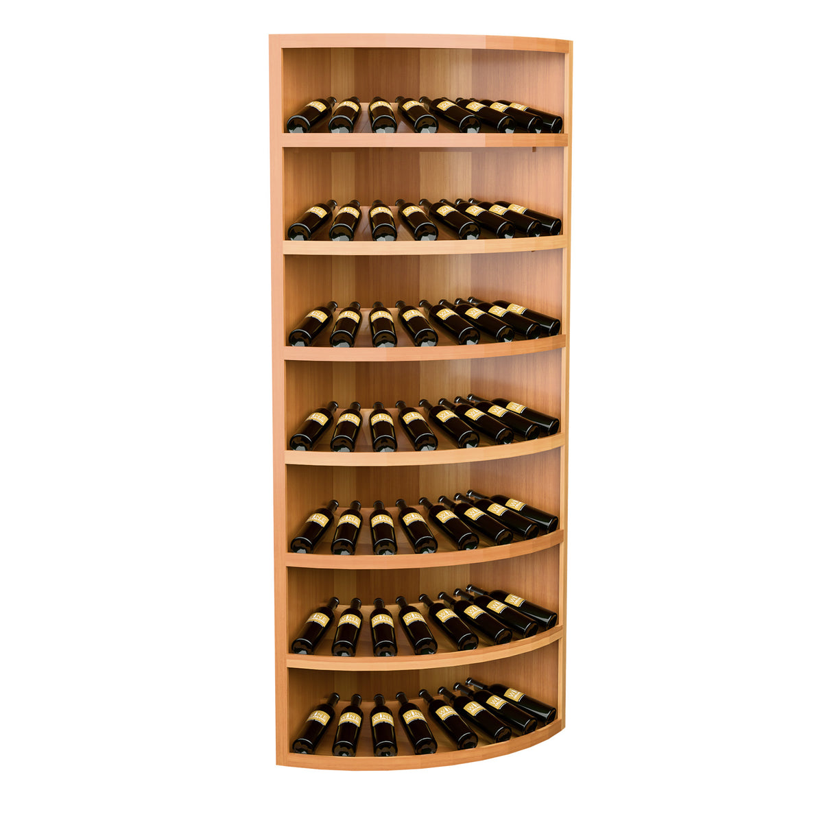 Light wood 7-tier corner wine display rack with curved bottom shelf and bottles