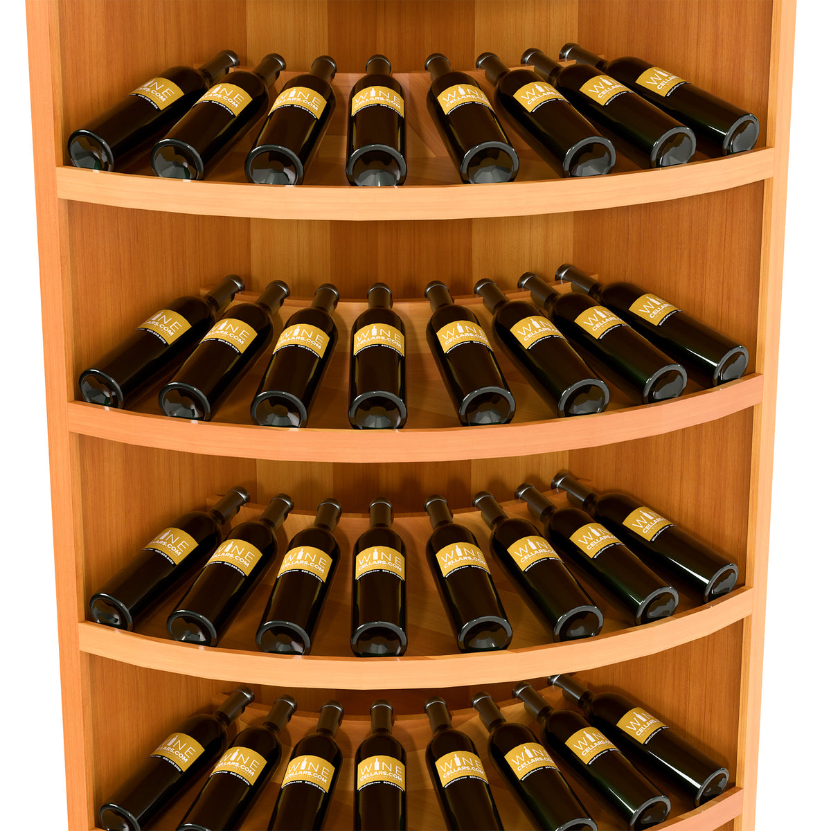 7-tier solid wood wine bottle display rack with dark green bottles on curved shelves
