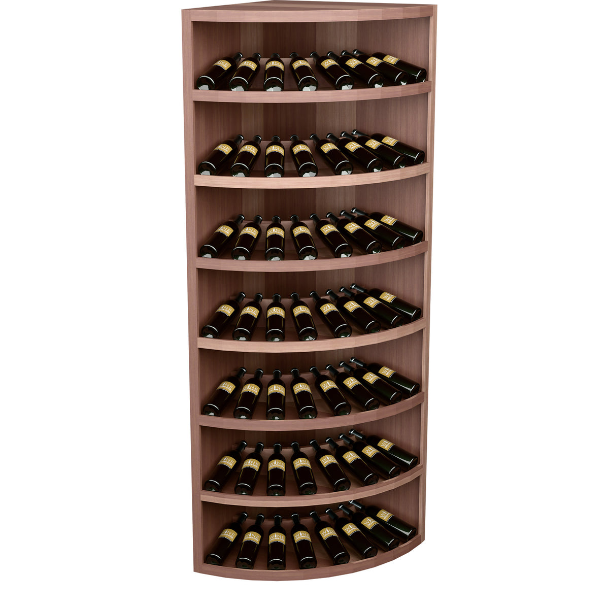 Corner wine display cabinet with 4 curved tiers holding 56 bottles, brown wood