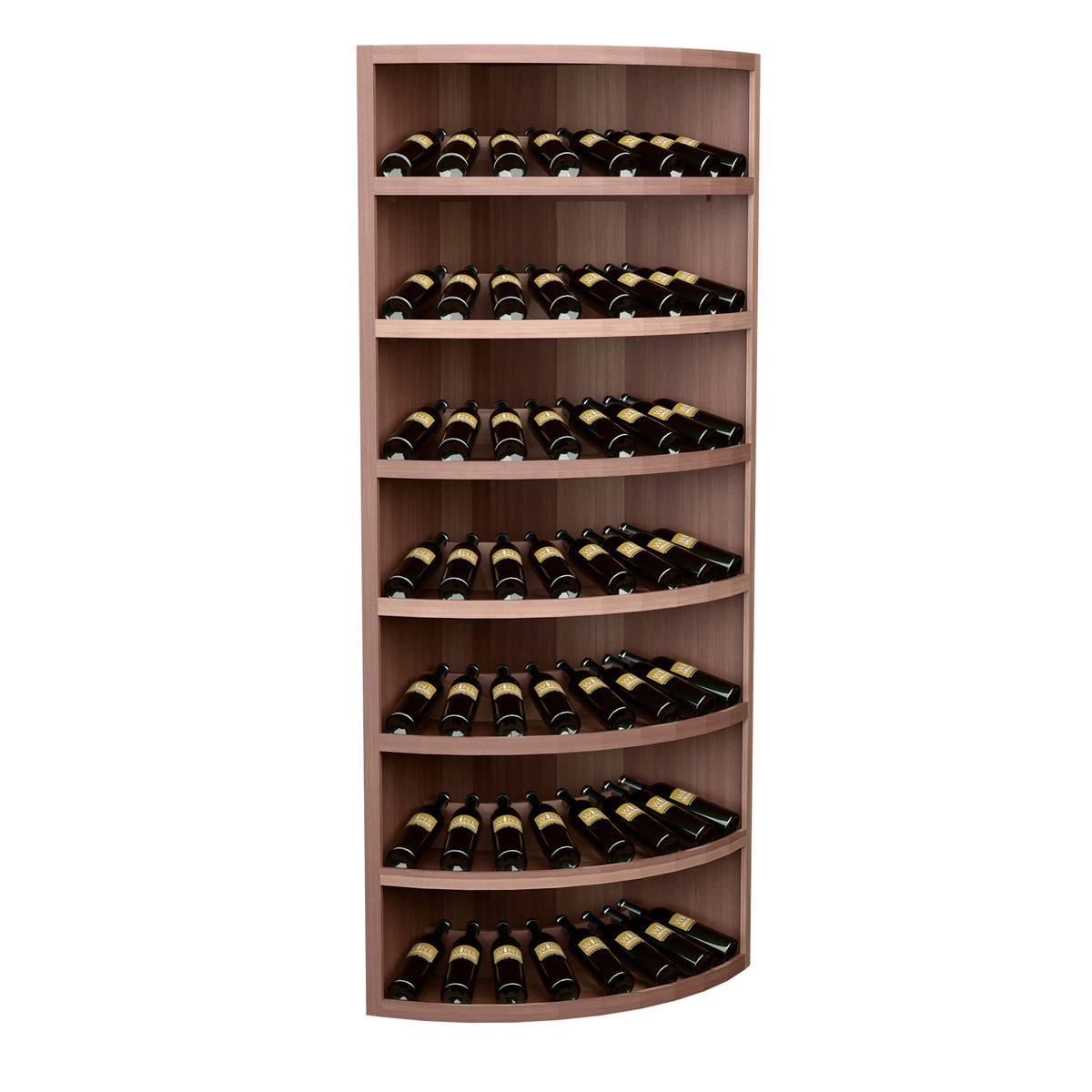 Tall tiered wine bottle display cabinet with curved shelves, holding dark bottles.