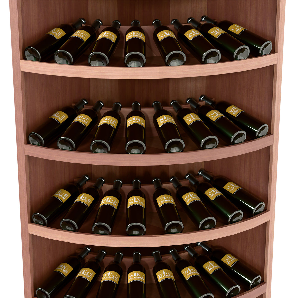 Tiered wine bottle display cabinet with curved shelves, dark bottles, medium reddish wood.
