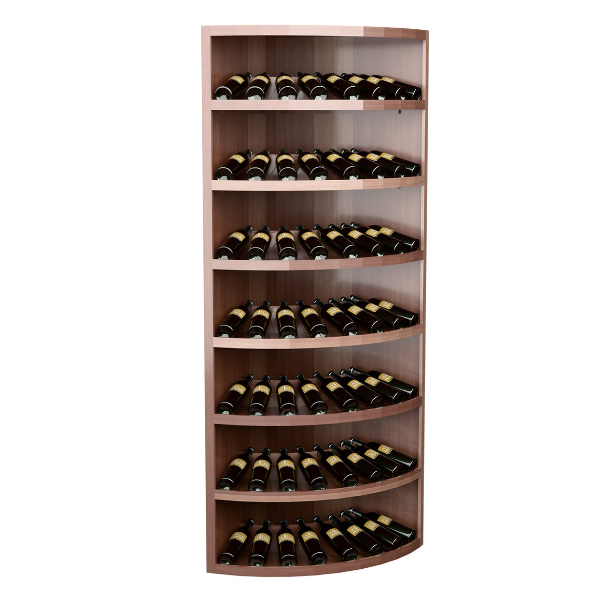 7-tier wine bottle display rack, light wood with curved shelves filled with bottles