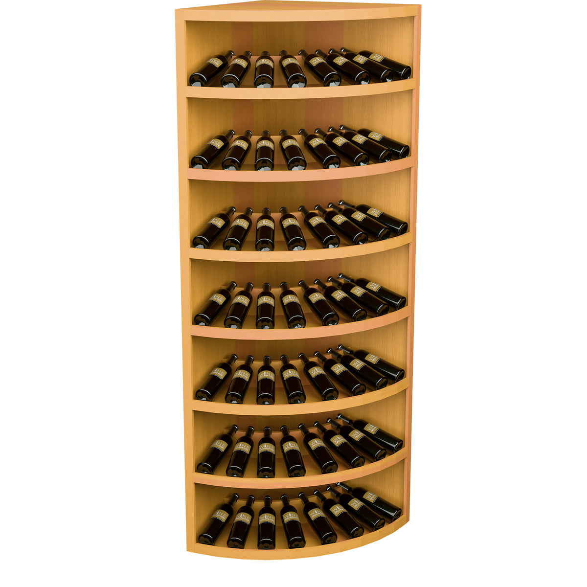 Light wood 7-tier wine rack with curved shelves, bottles arranged upright
