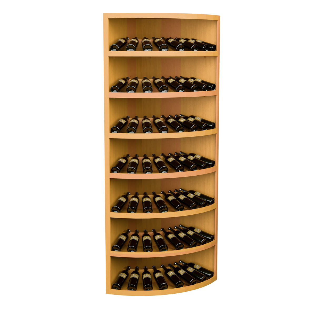 Corner wine display cabinet with 4 curved tiers holding 56 bottles in light wood