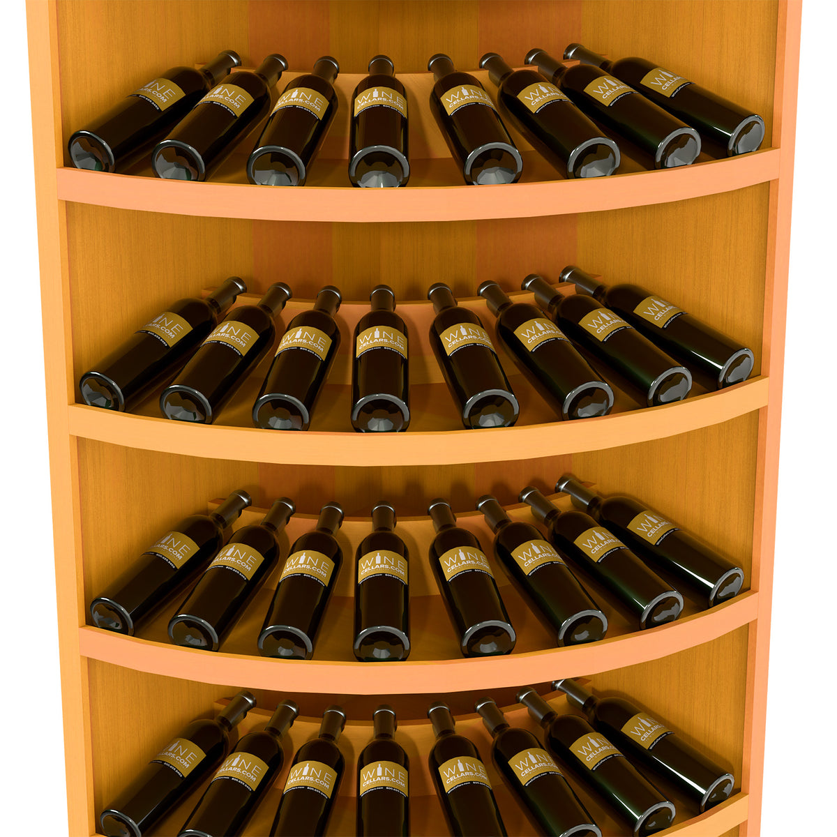 Tiered wine bottle display cabinet with curved shelves, dark bottles, golden stained wood.