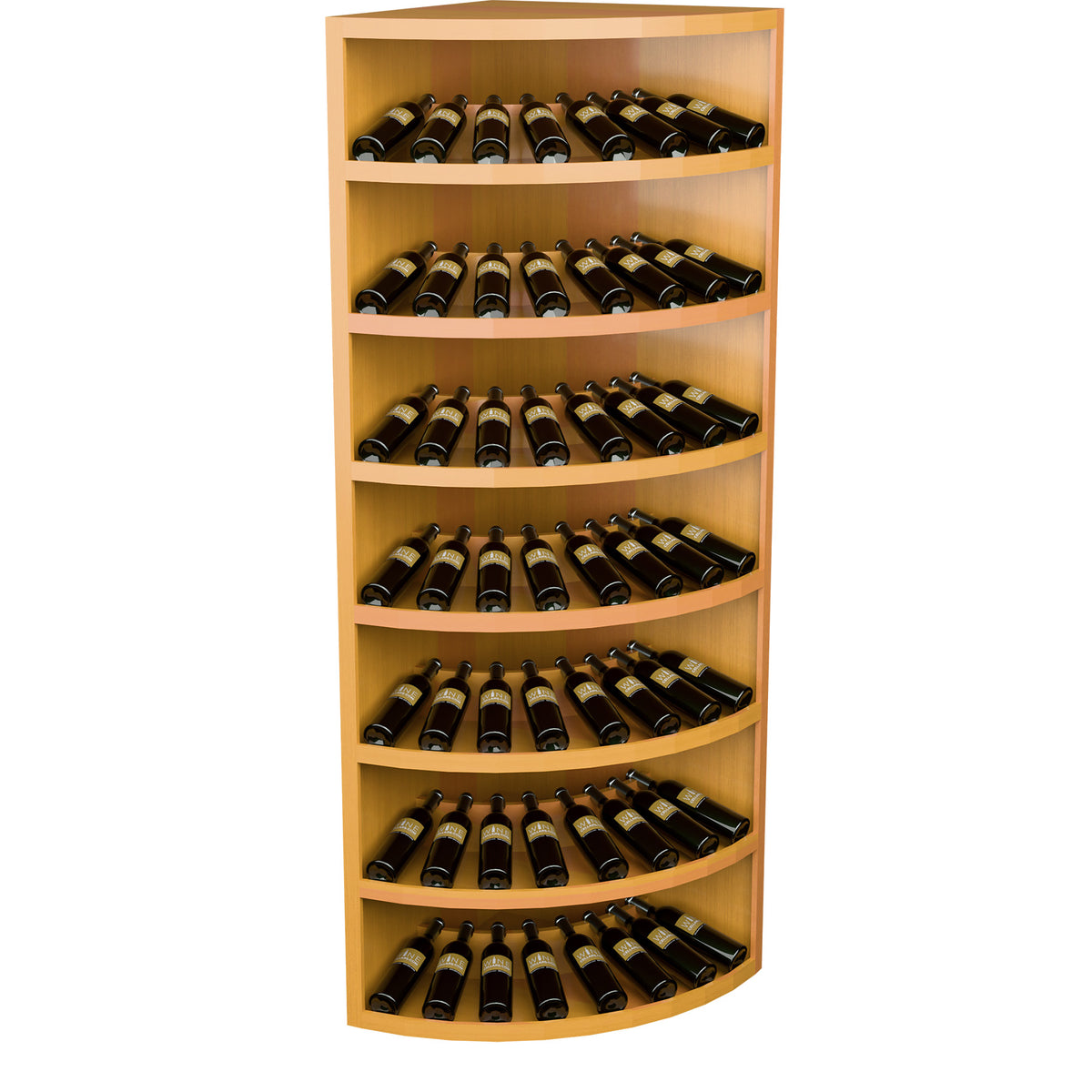 7-tier wine bottle display rack, light wood with curved shelves holding wine bottles