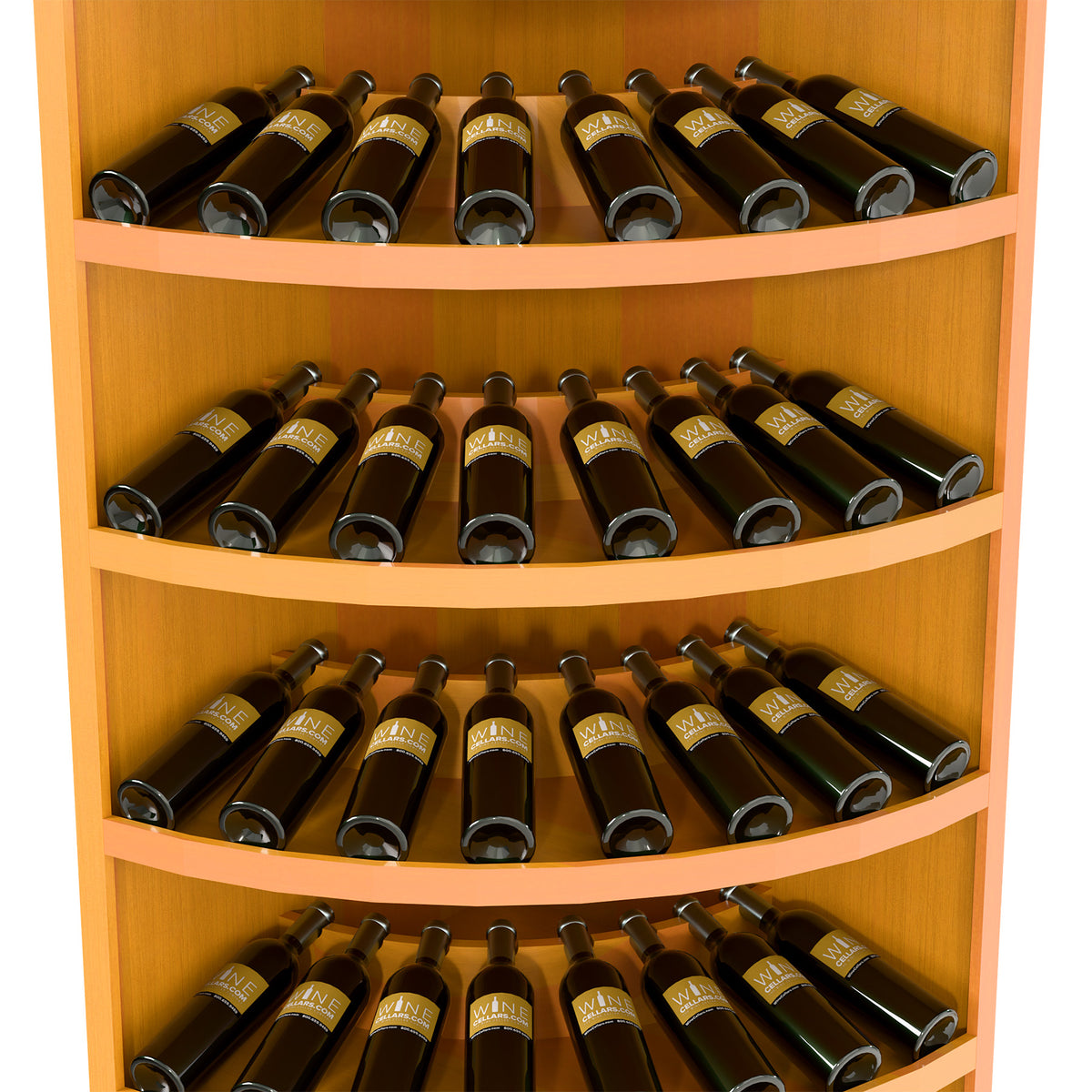 7-tier solid wood wine bottle display rack with dark wine bottles on curved shelves