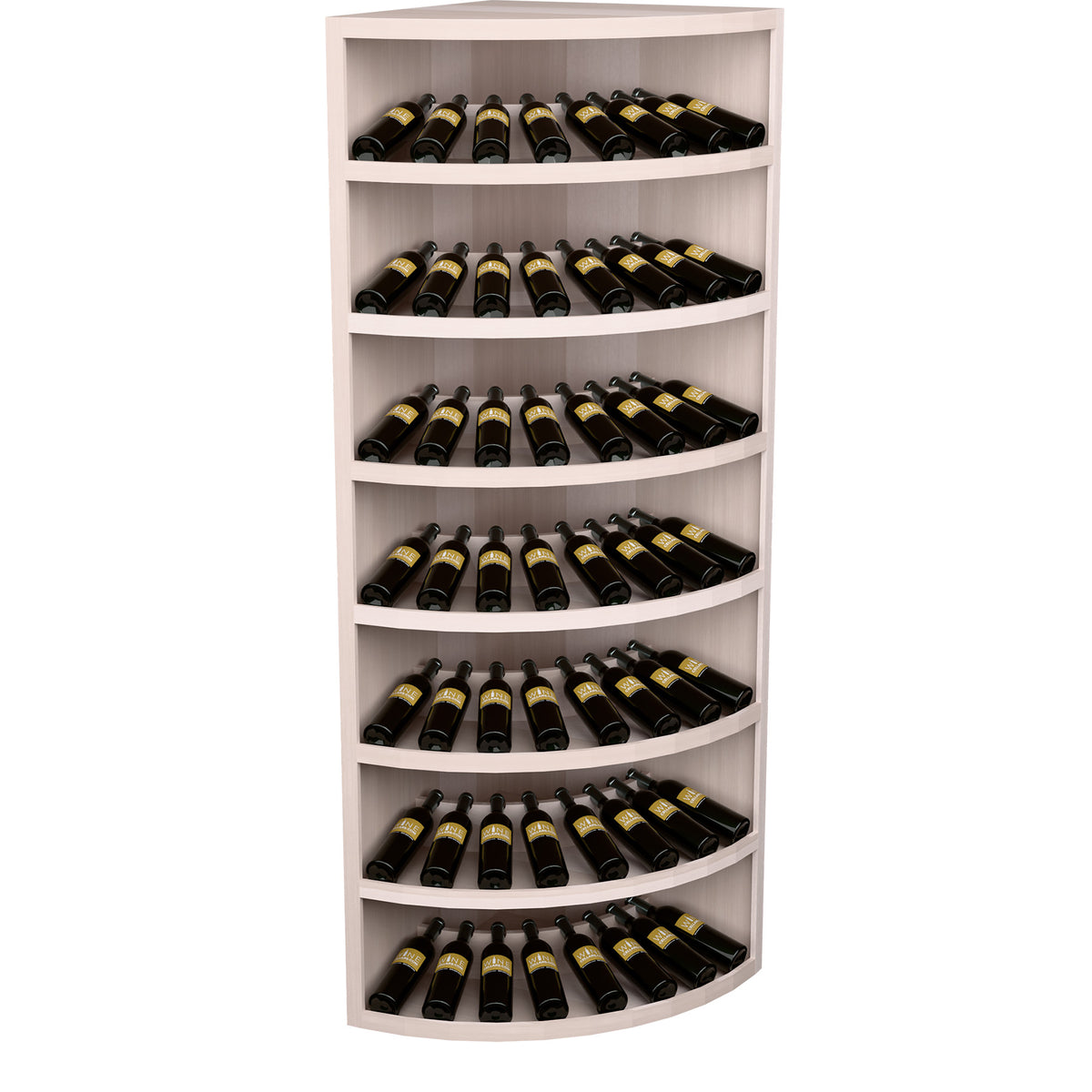 Light wood corner wine display with 4 curved tiers and bottle storage