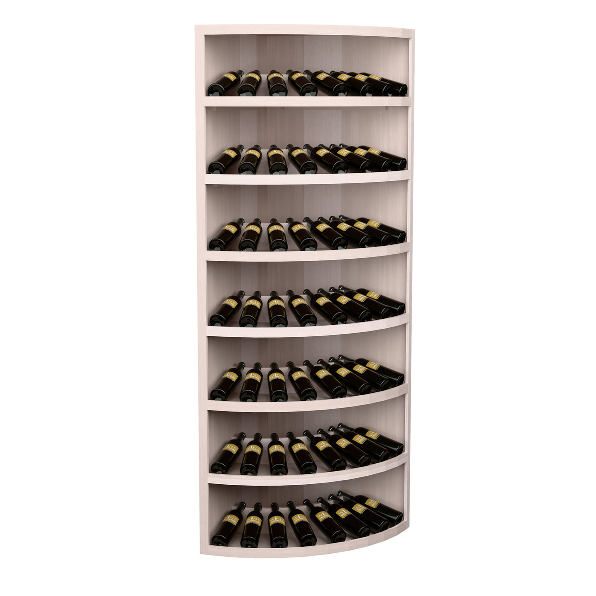 7-tier solid wood corner wine bottle display rack, 56 bottles, curved shelves, light finish
