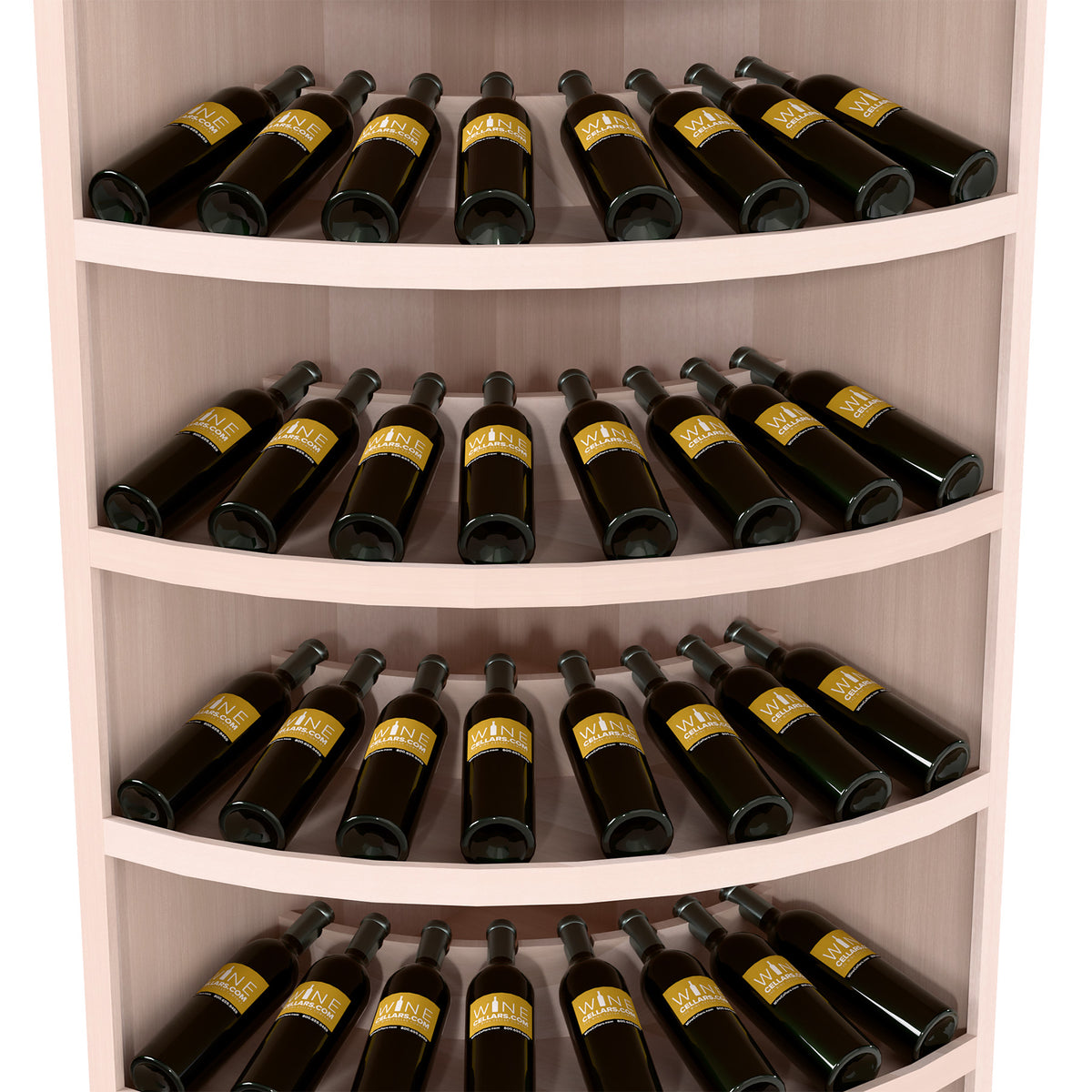 Tiered wine bottle display cabinet with curved shelves, dark bottles, whitewashed light wood.